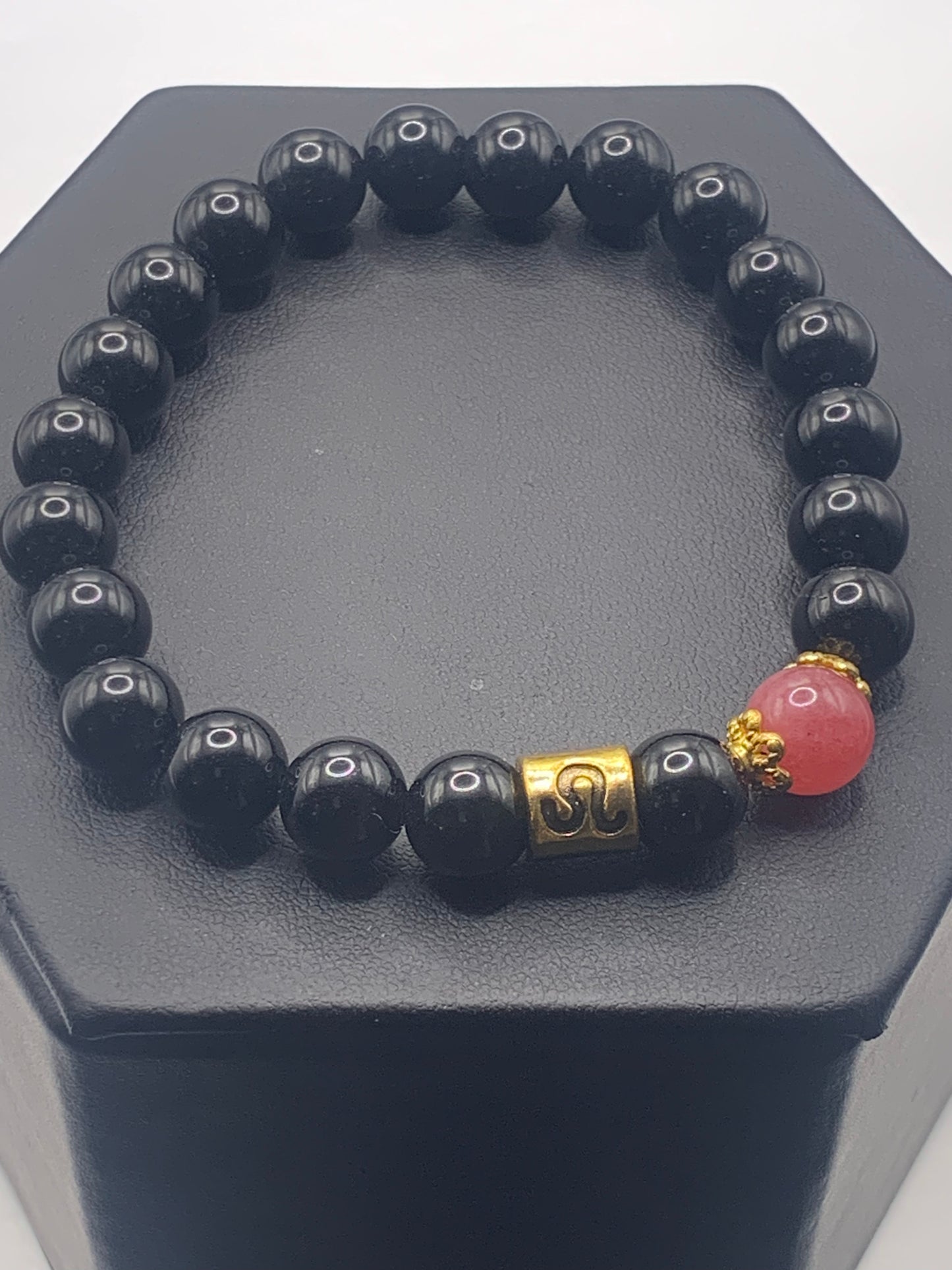 Leo Zodiac black obsidian with pink chalcedony elastic beaded bracelet with gold accents