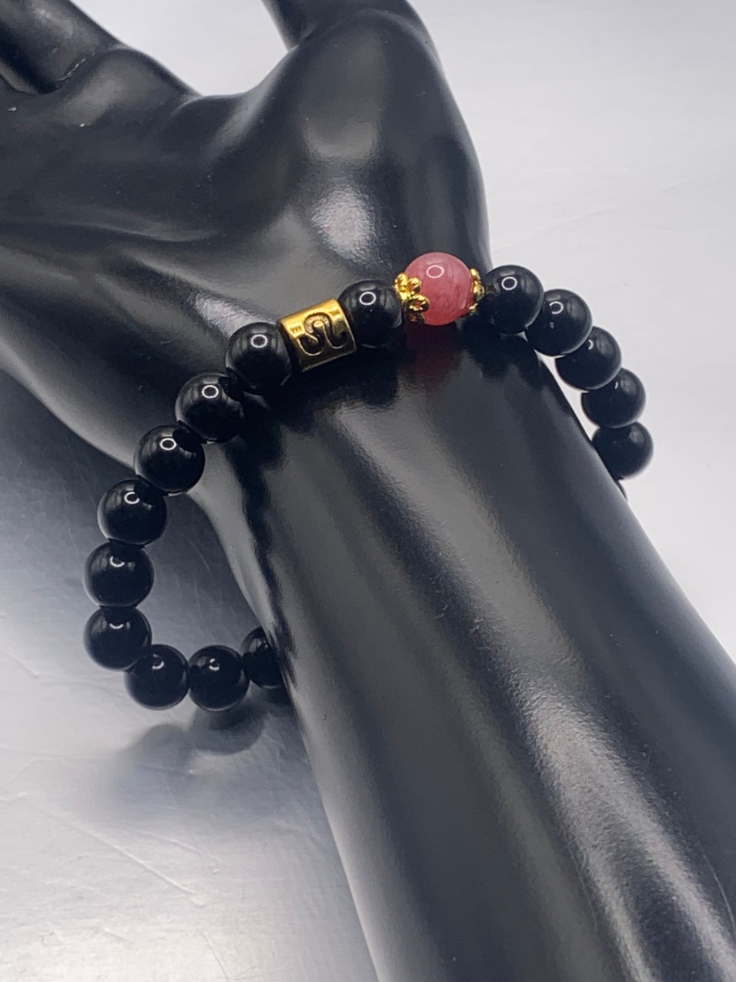 Leo Zodiac black obsidian with pink chalcedony elastic beaded bracelet with gold accents