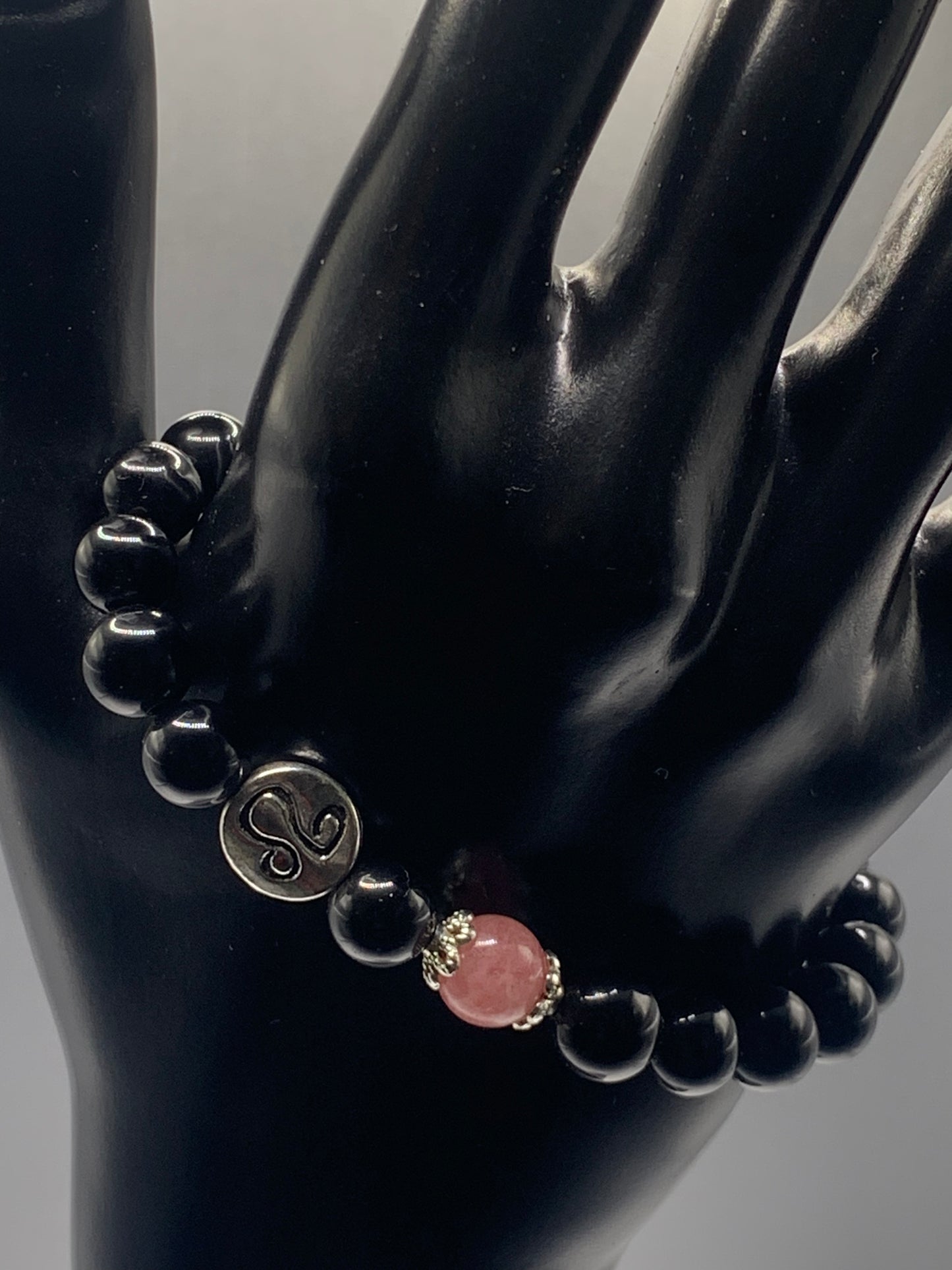 Leo Zodiac black obsidian with pink chalcedony elastic beaded bracelet with silver accents