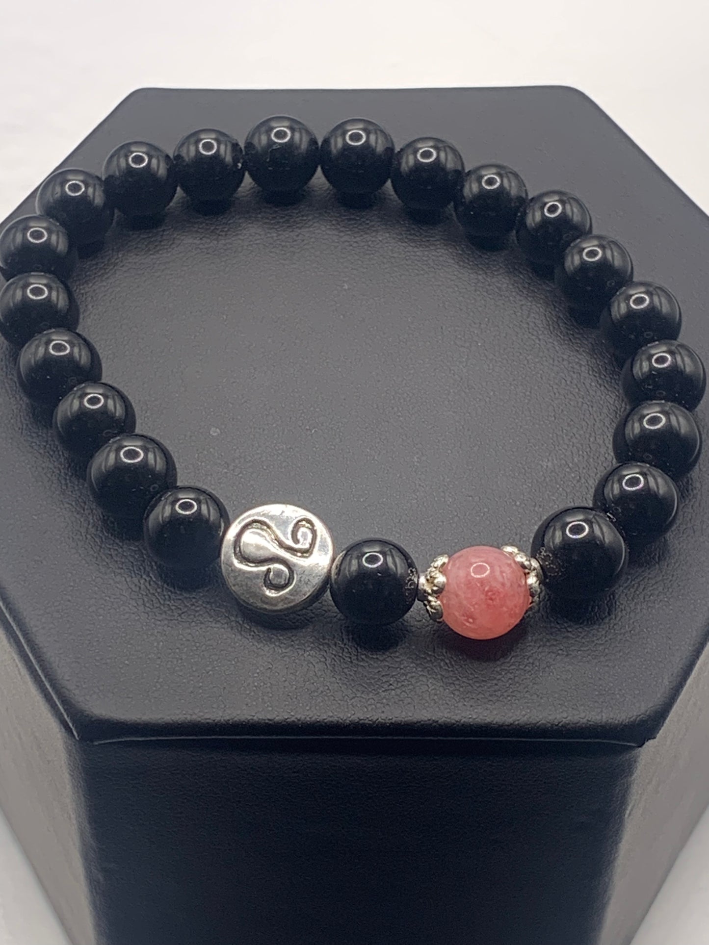 Leo Zodiac black obsidian with pink chalcedony elastic beaded bracelet with silver accents