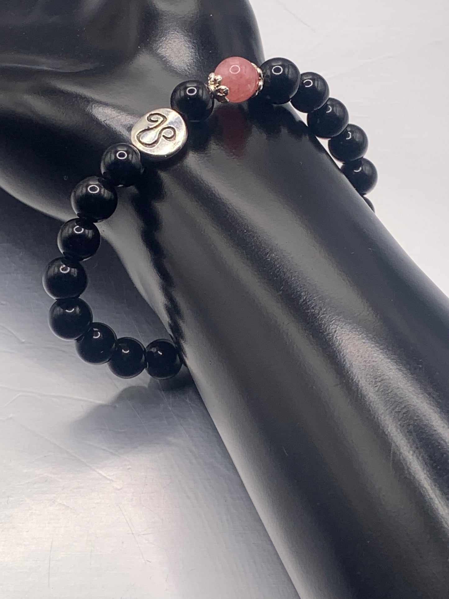 Leo Zodiac black obsidian with pink chalcedony elastic beaded bracelet with silver accents
