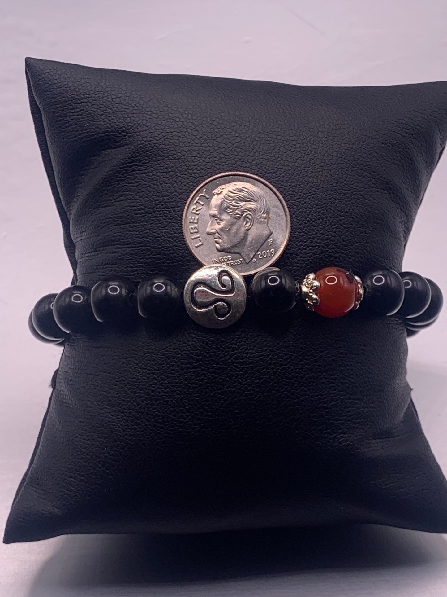 Leo Zodiac black obsidian with red agate elastic beaded bracelet with silver accents
