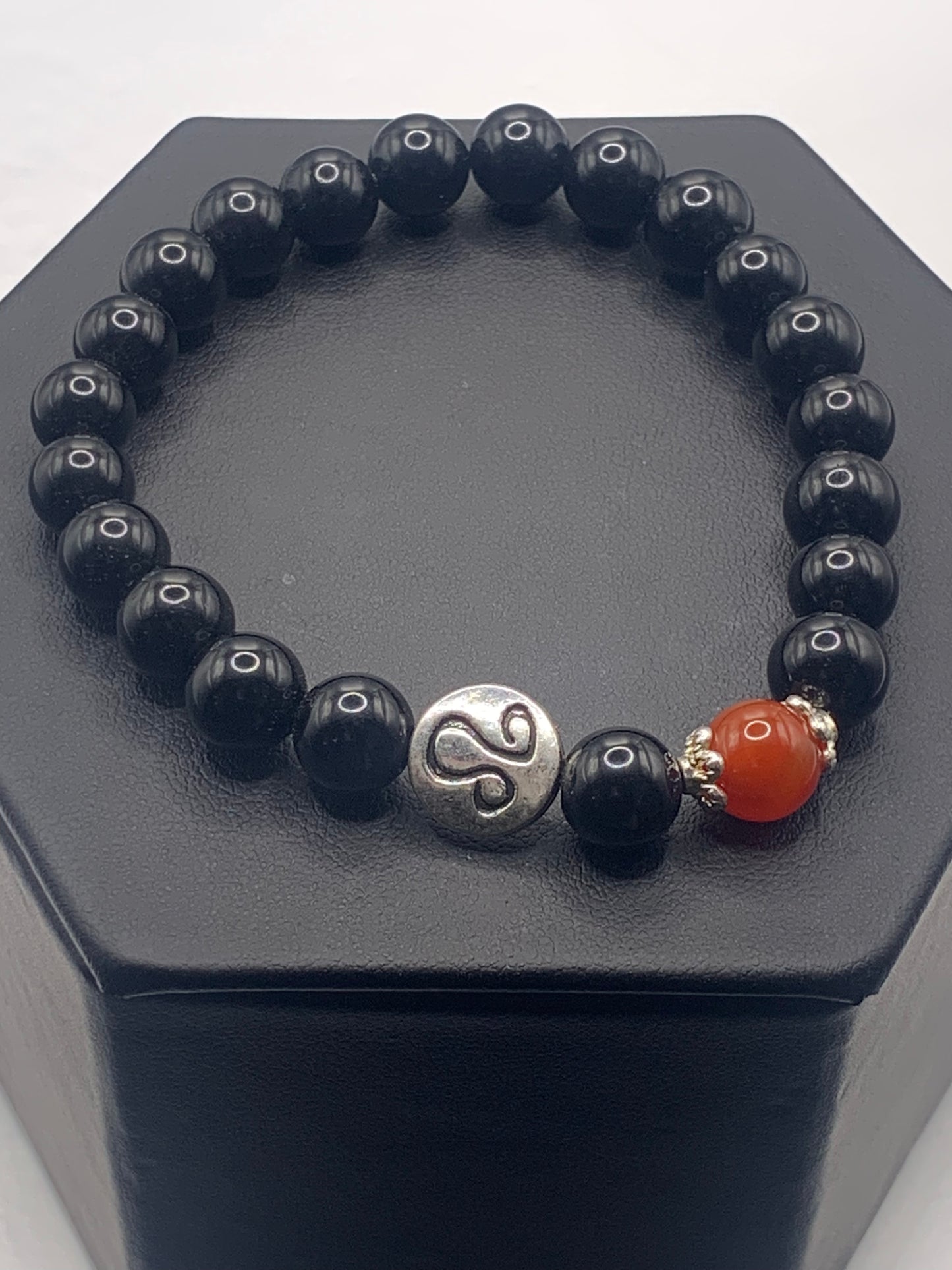 Leo Zodiac black obsidian with red agate elastic beaded bracelet with silver accents