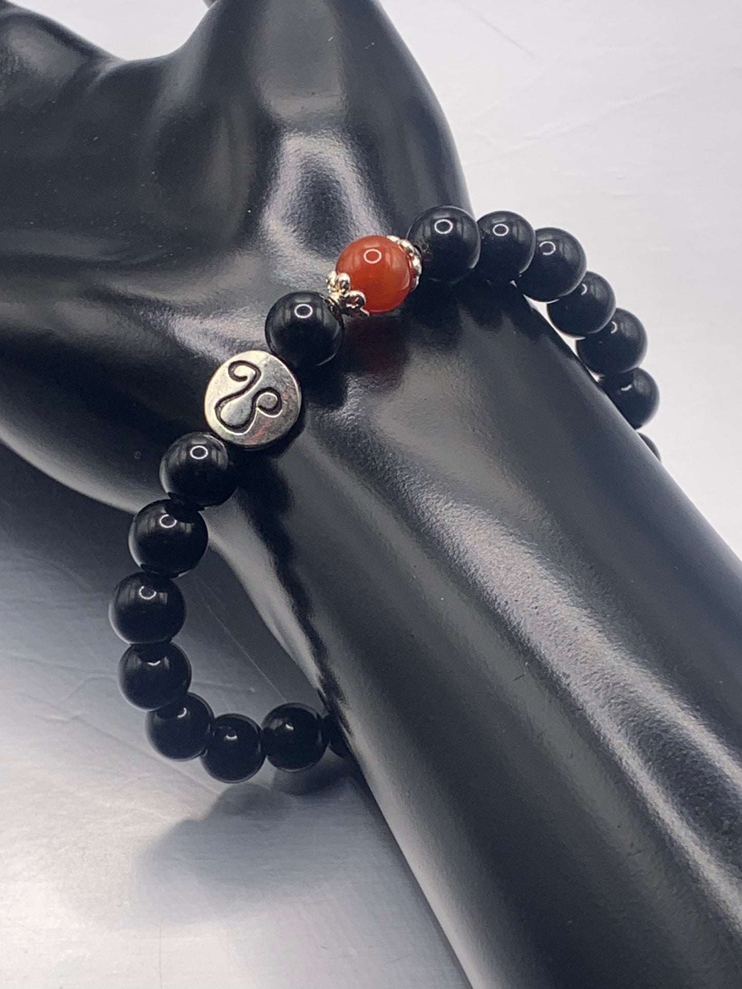 Leo Zodiac black obsidian with red agate elastic beaded bracelet with silver accents