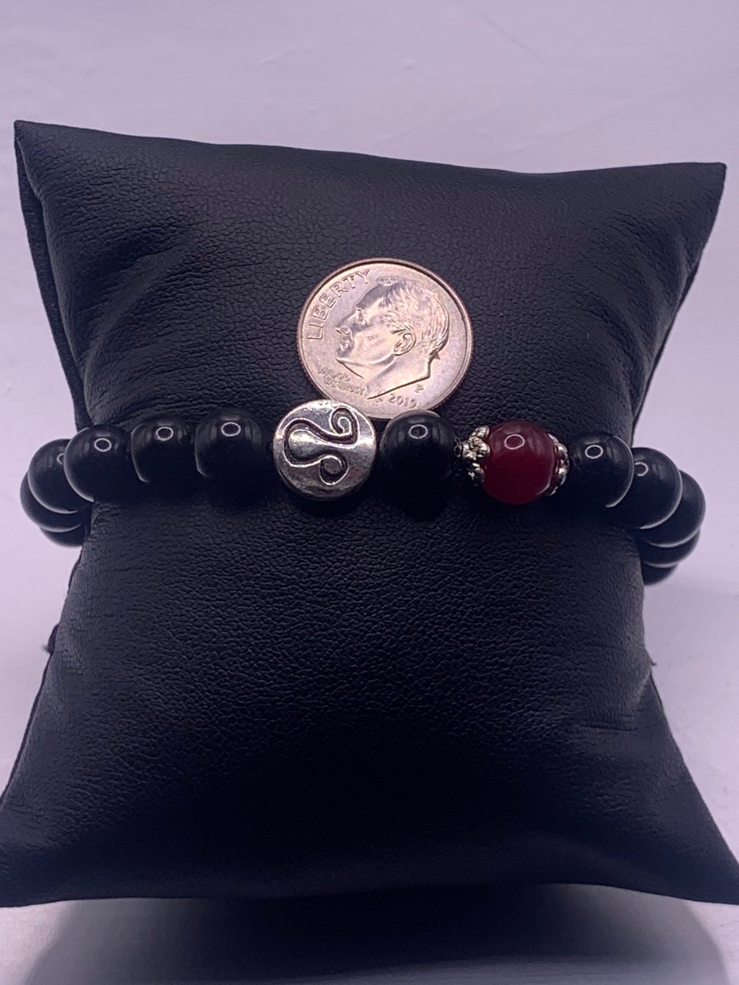 Leo Zodiac black obsidian with red chalcedony elastic beaded bracelet with silver accents