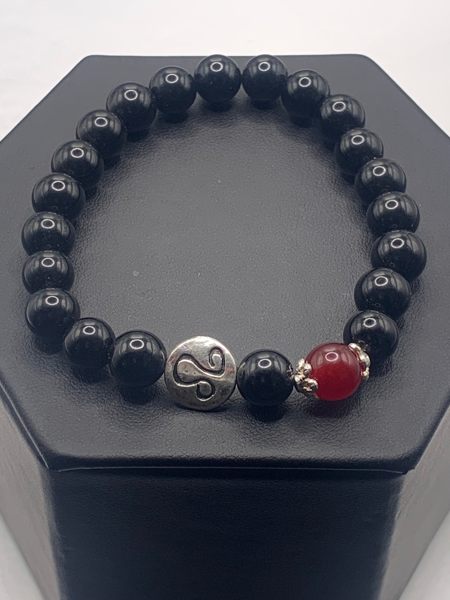 Leo Zodiac black obsidian with red chalcedony elastic beaded bracelet with silver accents