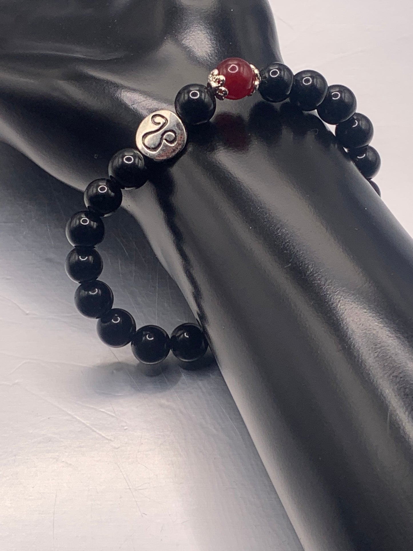Leo Zodiac black obsidian with red chalcedony elastic beaded bracelet with silver accents