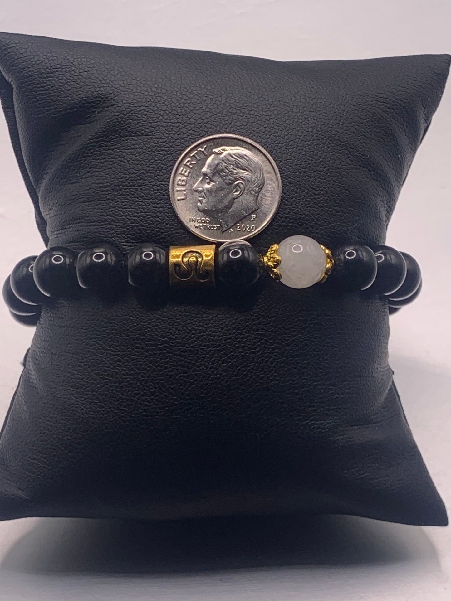 Leo Zodiac black obsidian with white chalcedony elastic beaded bracelet with gold accents