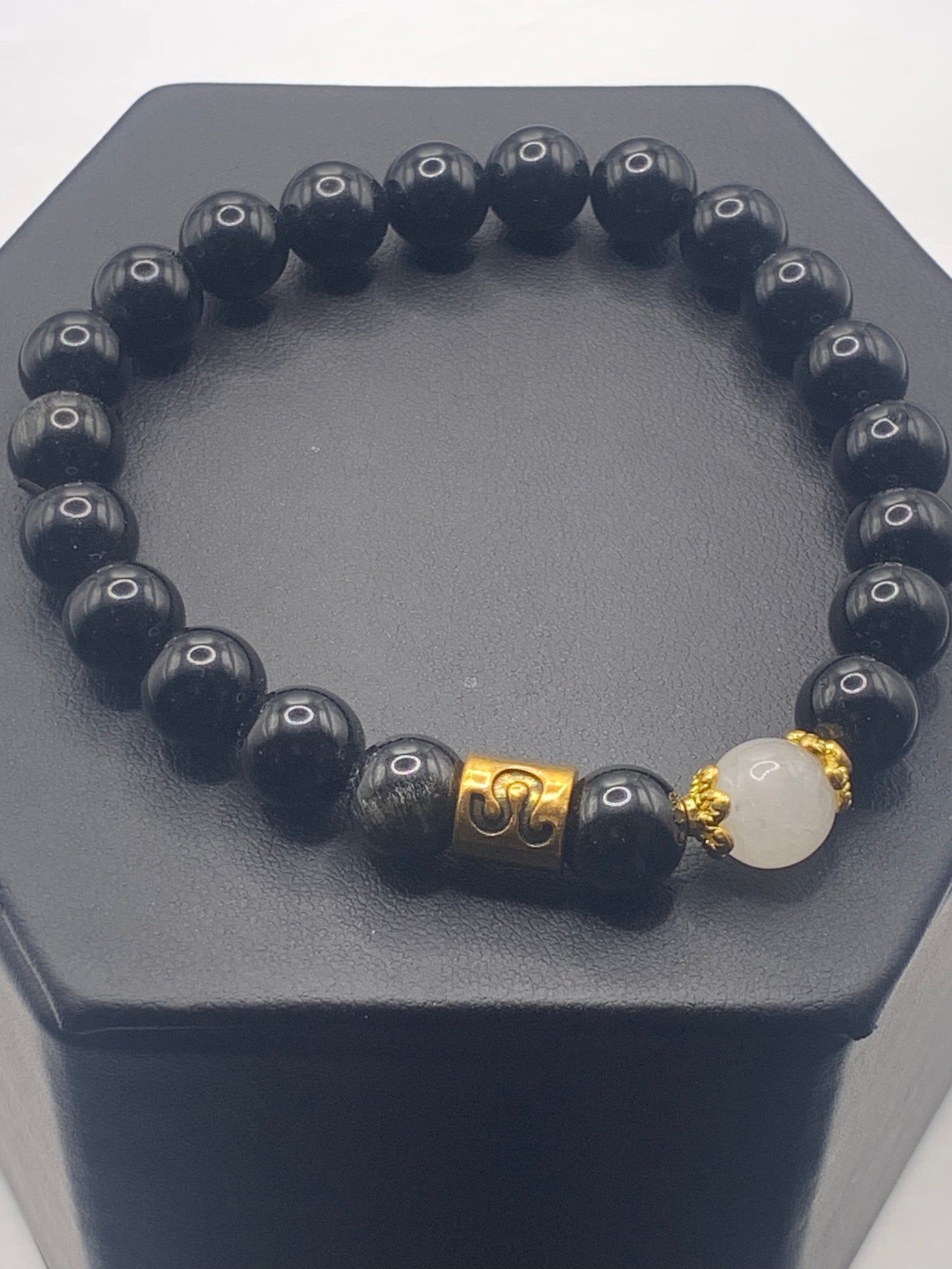 Leo Zodiac black obsidian with white chalcedony elastic beaded bracelet with gold accents