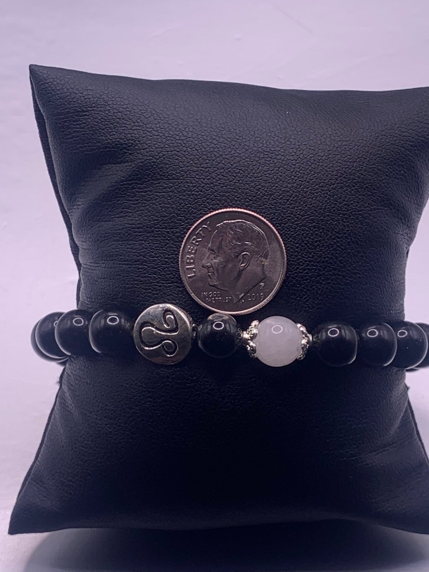 Leo Zodiac black obsidian with white chalcedony elastic beaded bracelet with silver accents