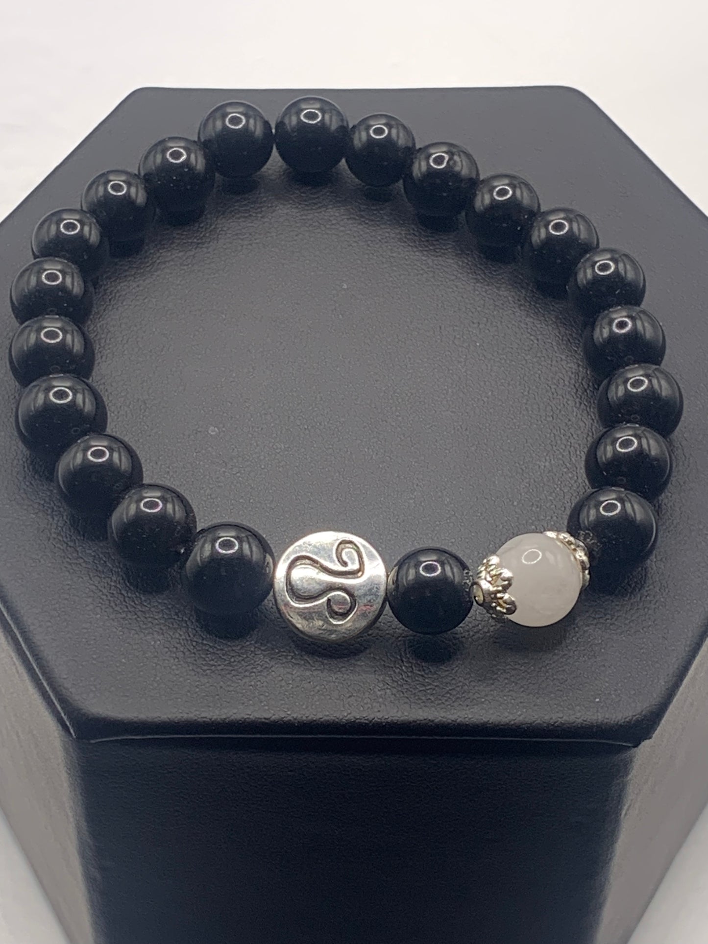 Leo Zodiac black obsidian with white chalcedony elastic beaded bracelet with silver accents