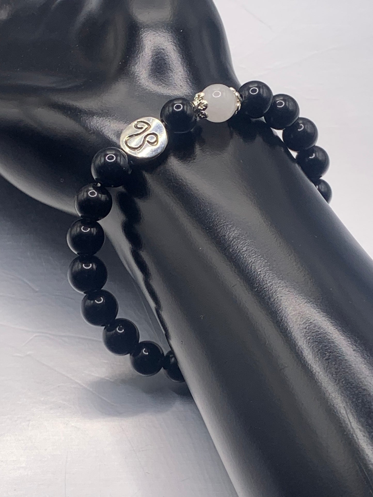 Leo Zodiac black obsidian with white chalcedony elastic beaded bracelet with silver accents