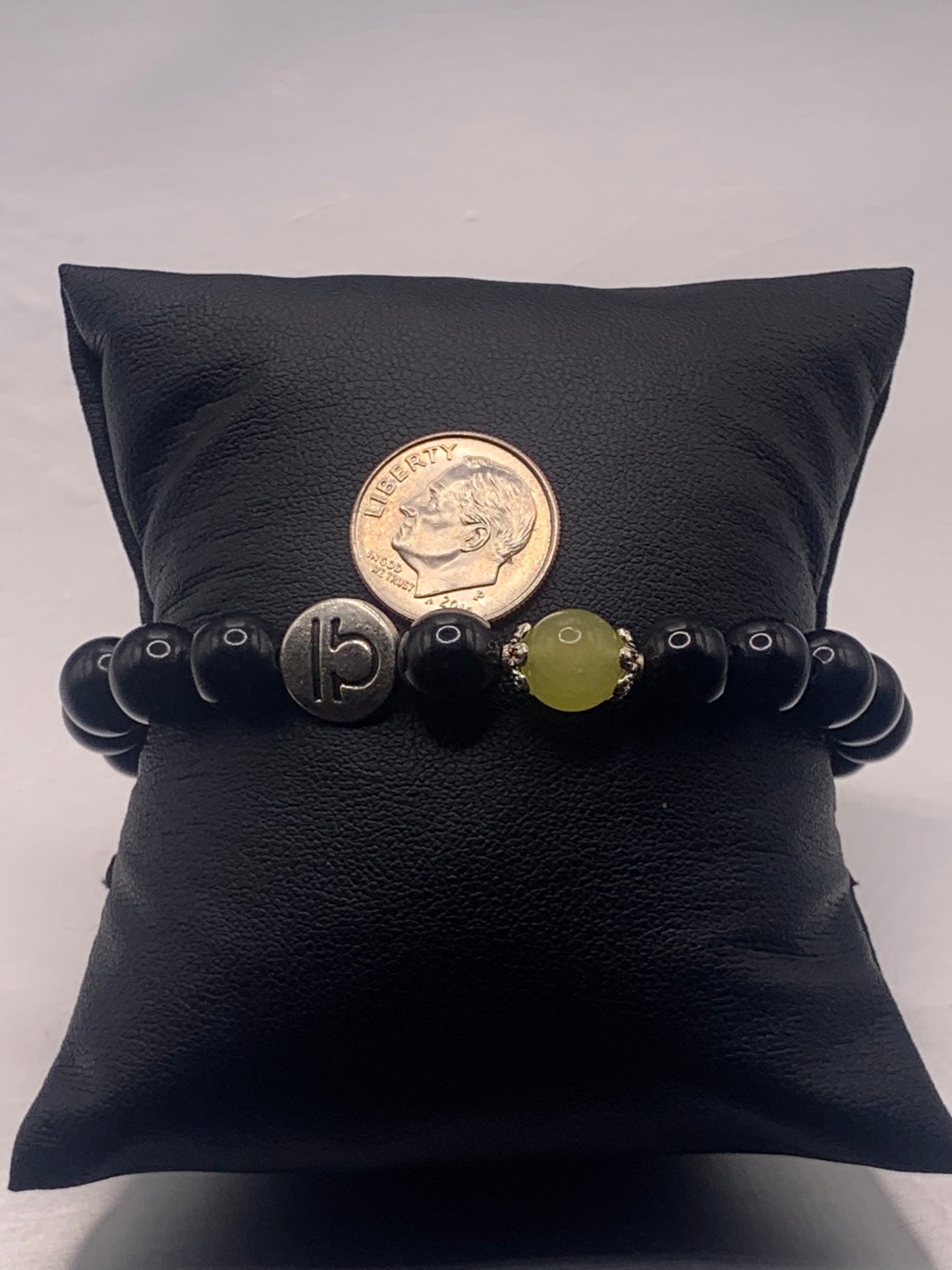 Libra Zodiac black obsidian with apple agate elastic beaded bracelet with silver accents