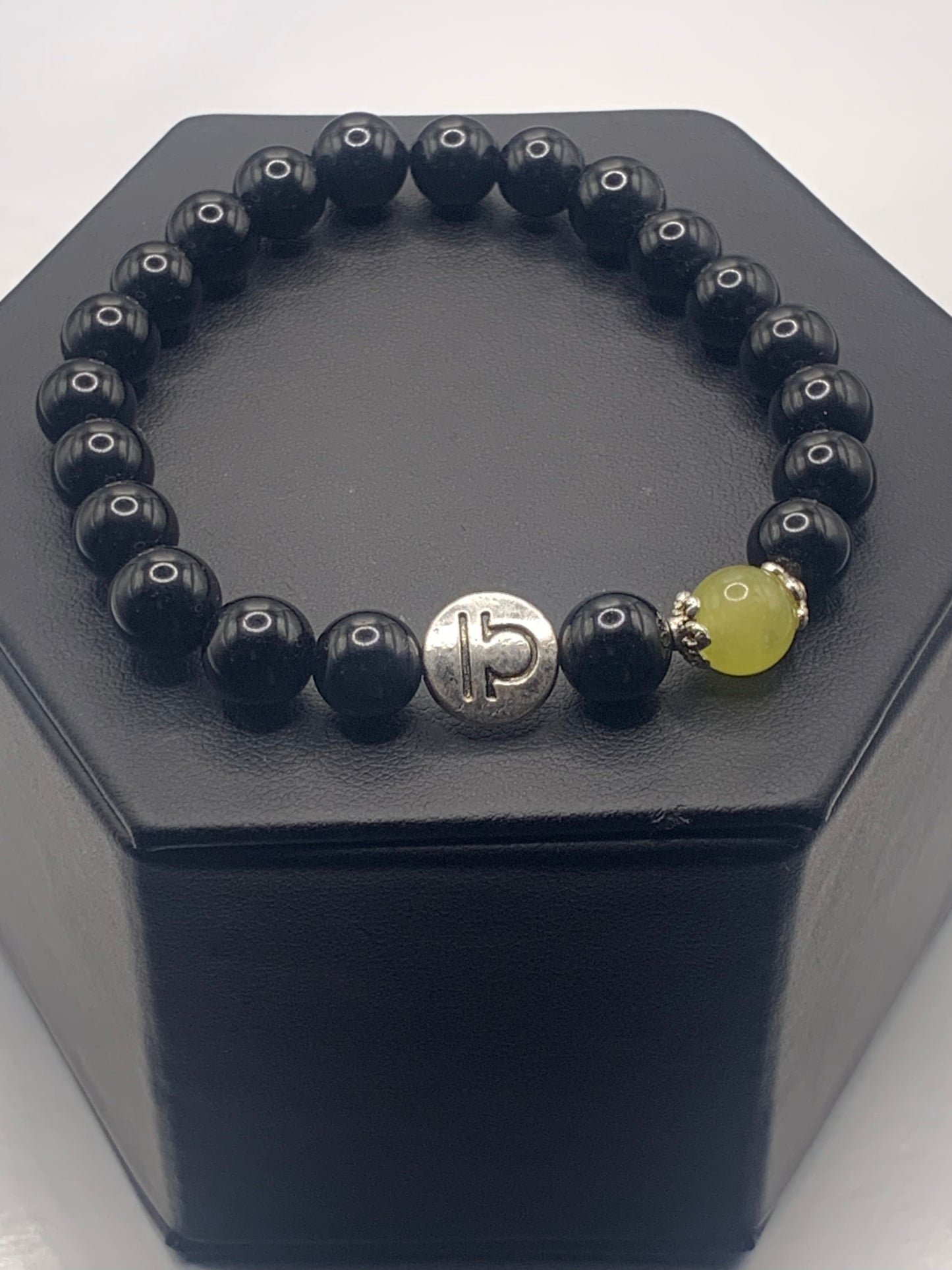 Libra Zodiac black obsidian with apple agate elastic beaded bracelet with silver accents