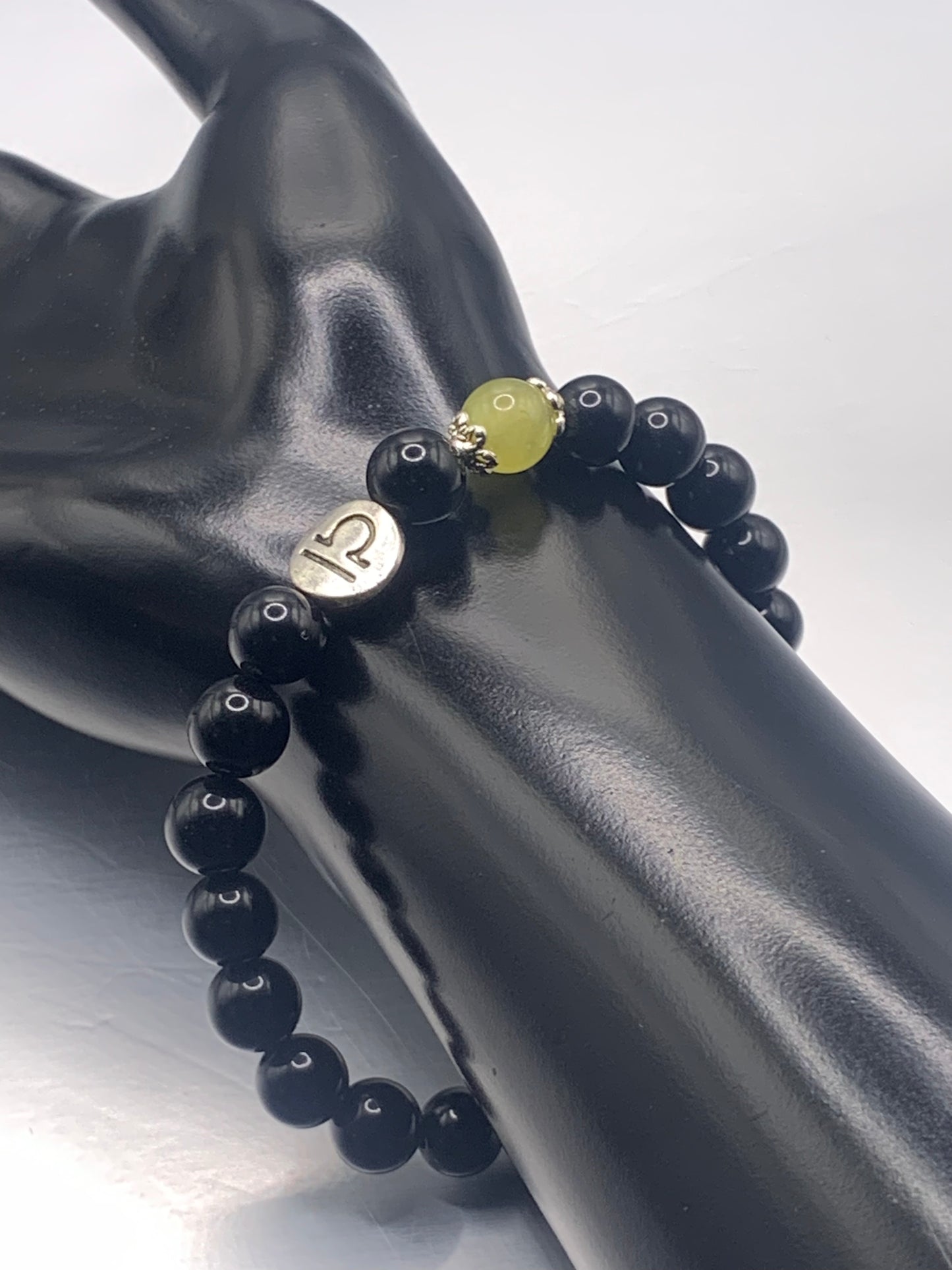 Libra Zodiac black obsidian with apple agate elastic beaded bracelet with silver accents