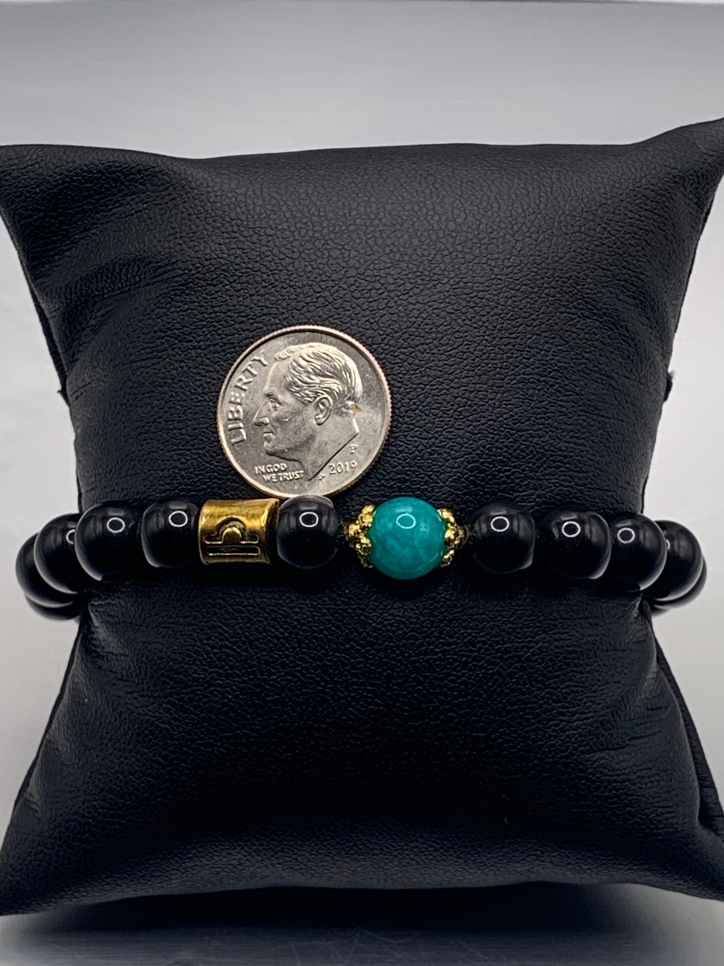 Libra Zodiac black obsidian with aquamarine chalcedony elastic beaded bracelet with gold accents