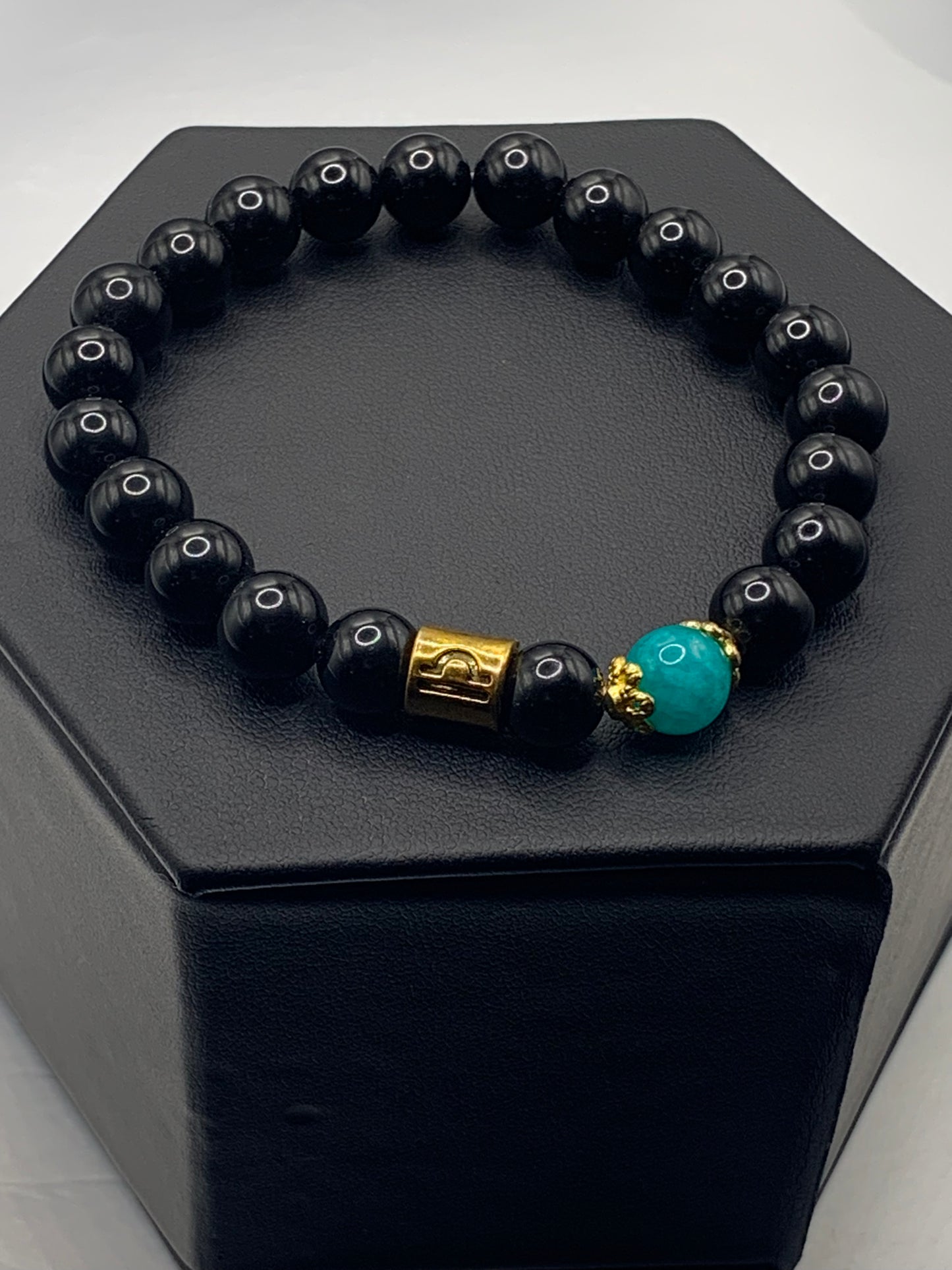 Libra Zodiac black obsidian with aquamarine chalcedony elastic beaded bracelet with gold accents