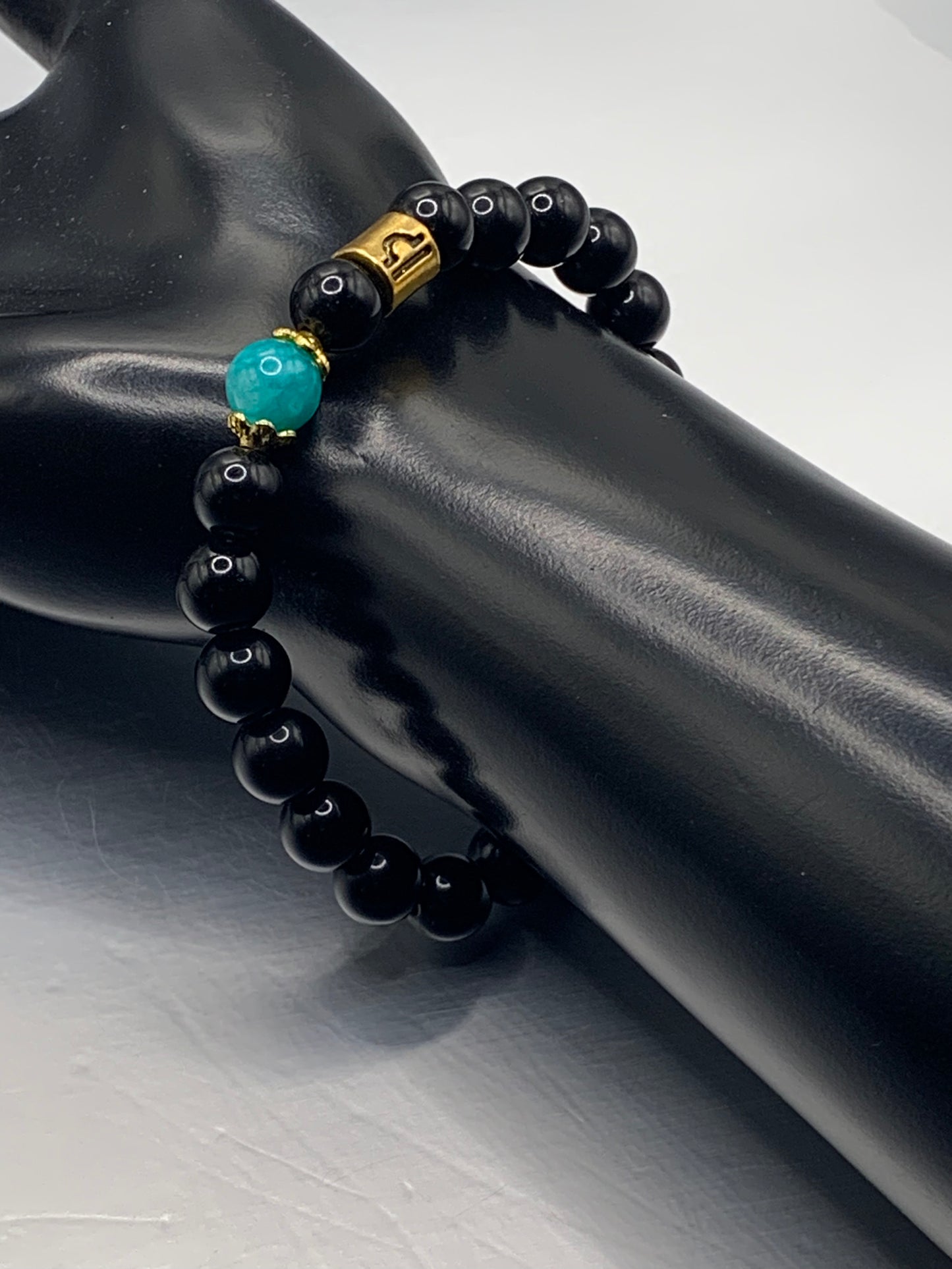 Libra Zodiac black obsidian with aquamarine chalcedony elastic beaded bracelet with gold accents