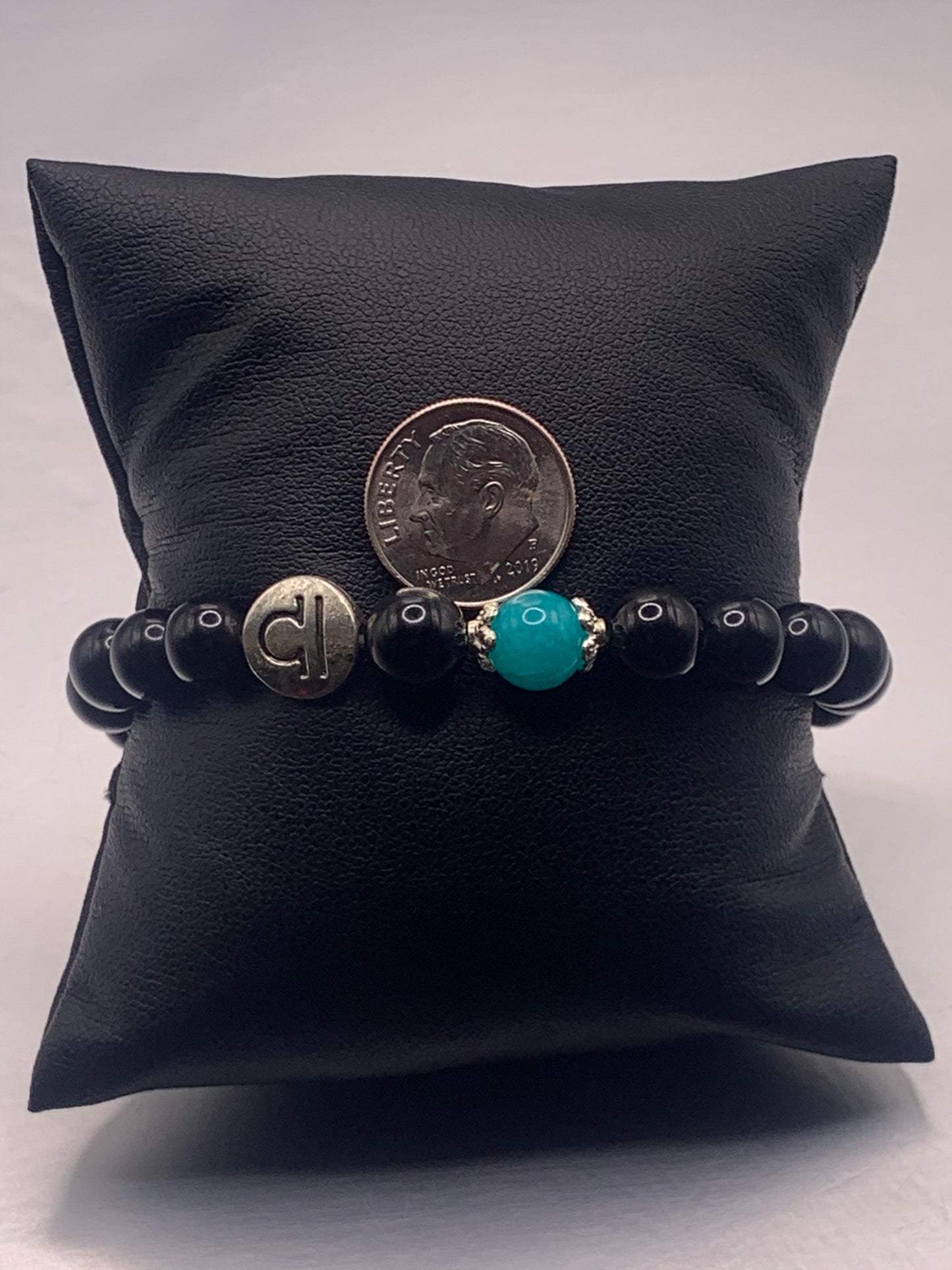 Libra Zodiac black obsidian with aquamarine chalcedony elastic beaded bracelet with silver accents