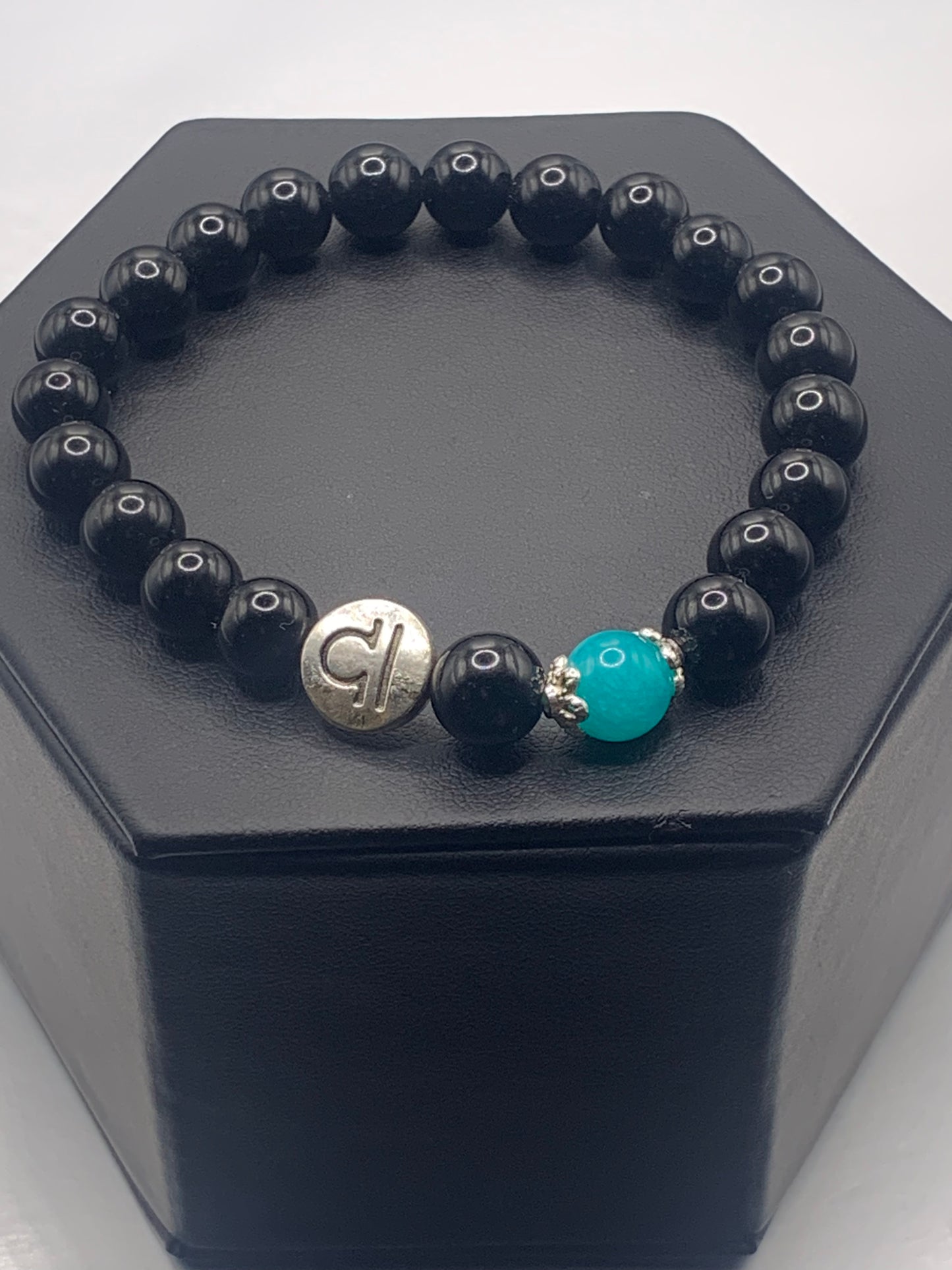 Libra Zodiac black obsidian with aquamarine chalcedony elastic beaded bracelet with silver accents