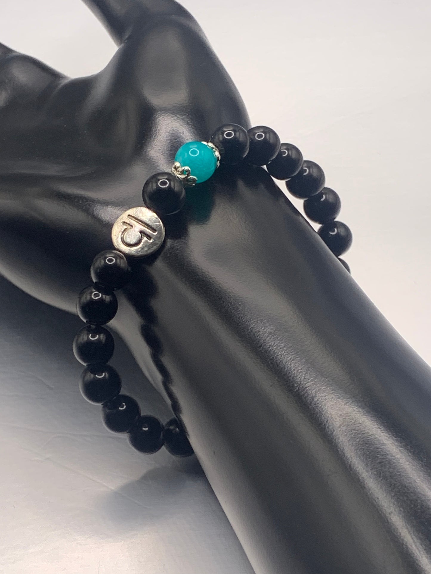 Libra Zodiac black obsidian with aquamarine chalcedony elastic beaded bracelet with silver accents