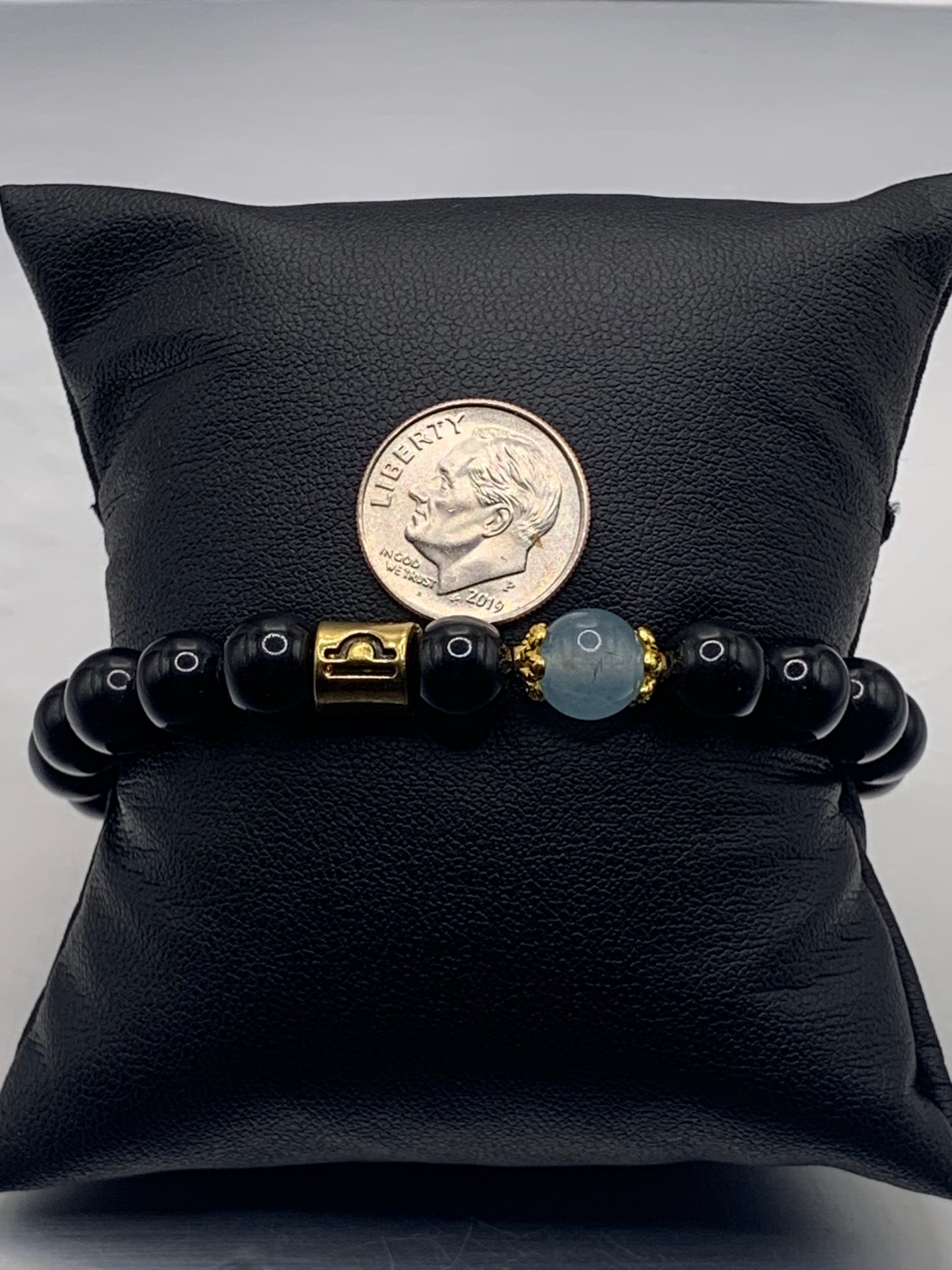 Libra (September 23 - October 22) Zodiac black obsidian with blue agate elastic beaded bracelet with gold accents
