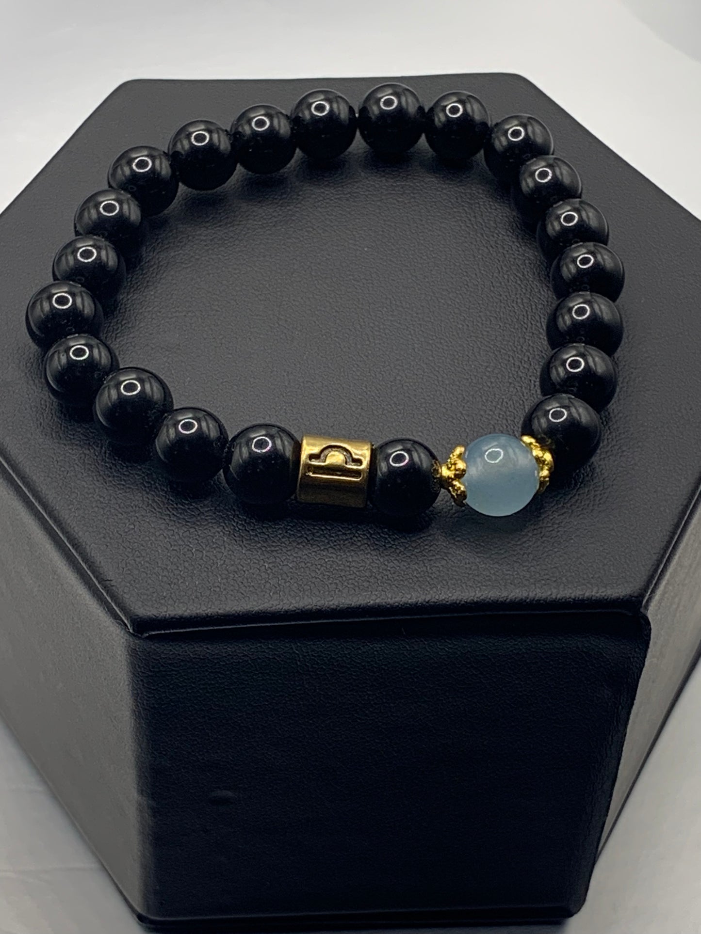 Libra (September 23 - October 22) Zodiac black obsidian with blue agate elastic beaded bracelet with gold accents