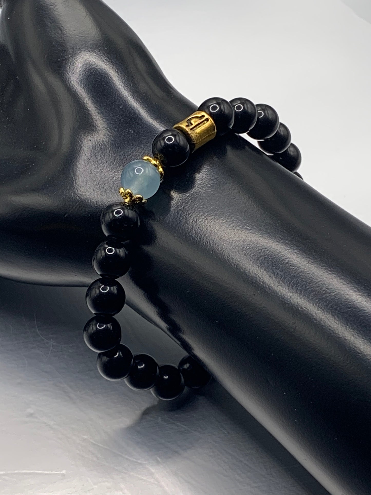 Libra (September 23 - October 22) Zodiac black obsidian with blue agate elastic beaded bracelet with gold accents