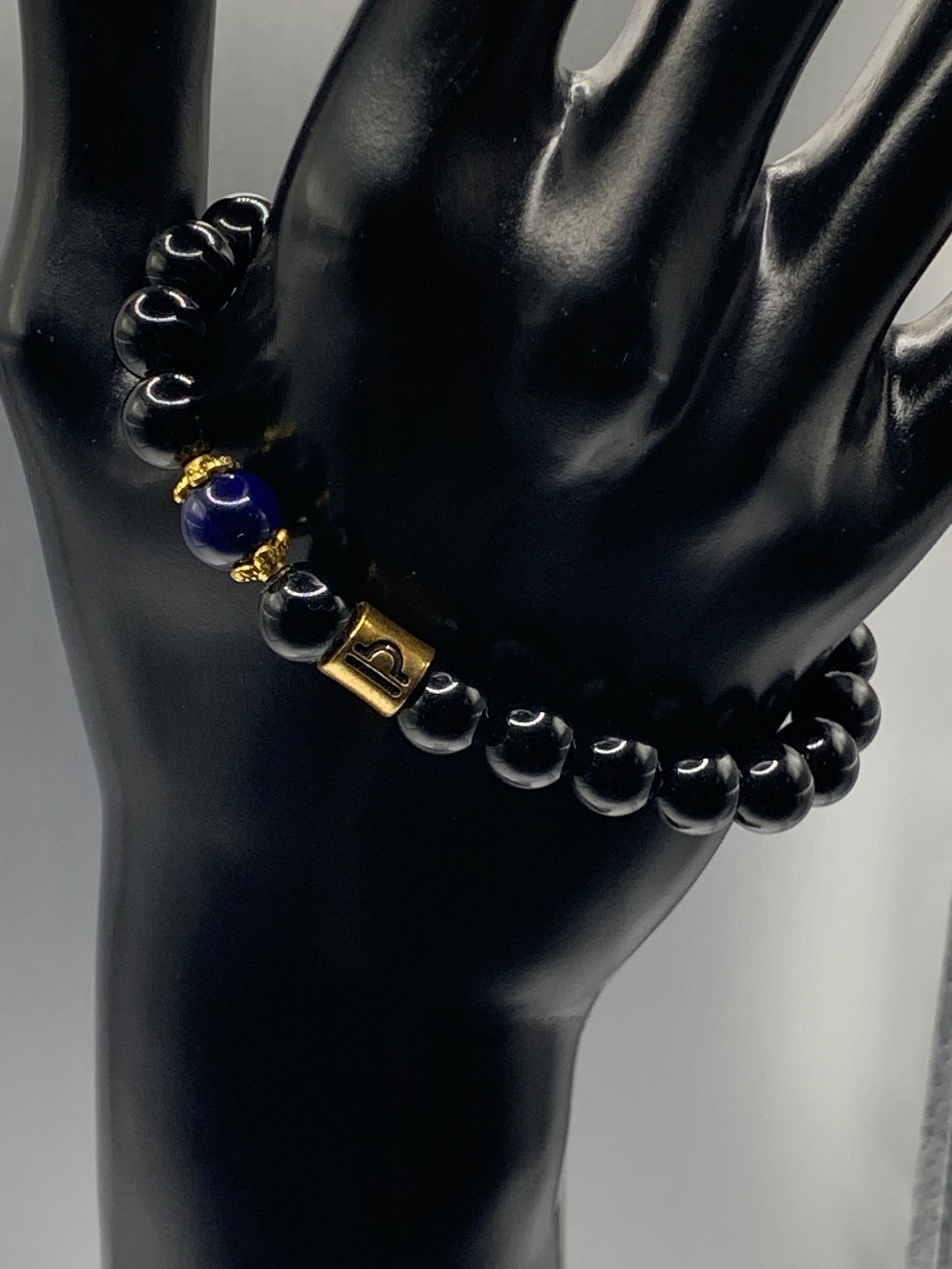 Libra Zodiac black obsidian with blue lace agate elastic beaded bracelet with gold accents