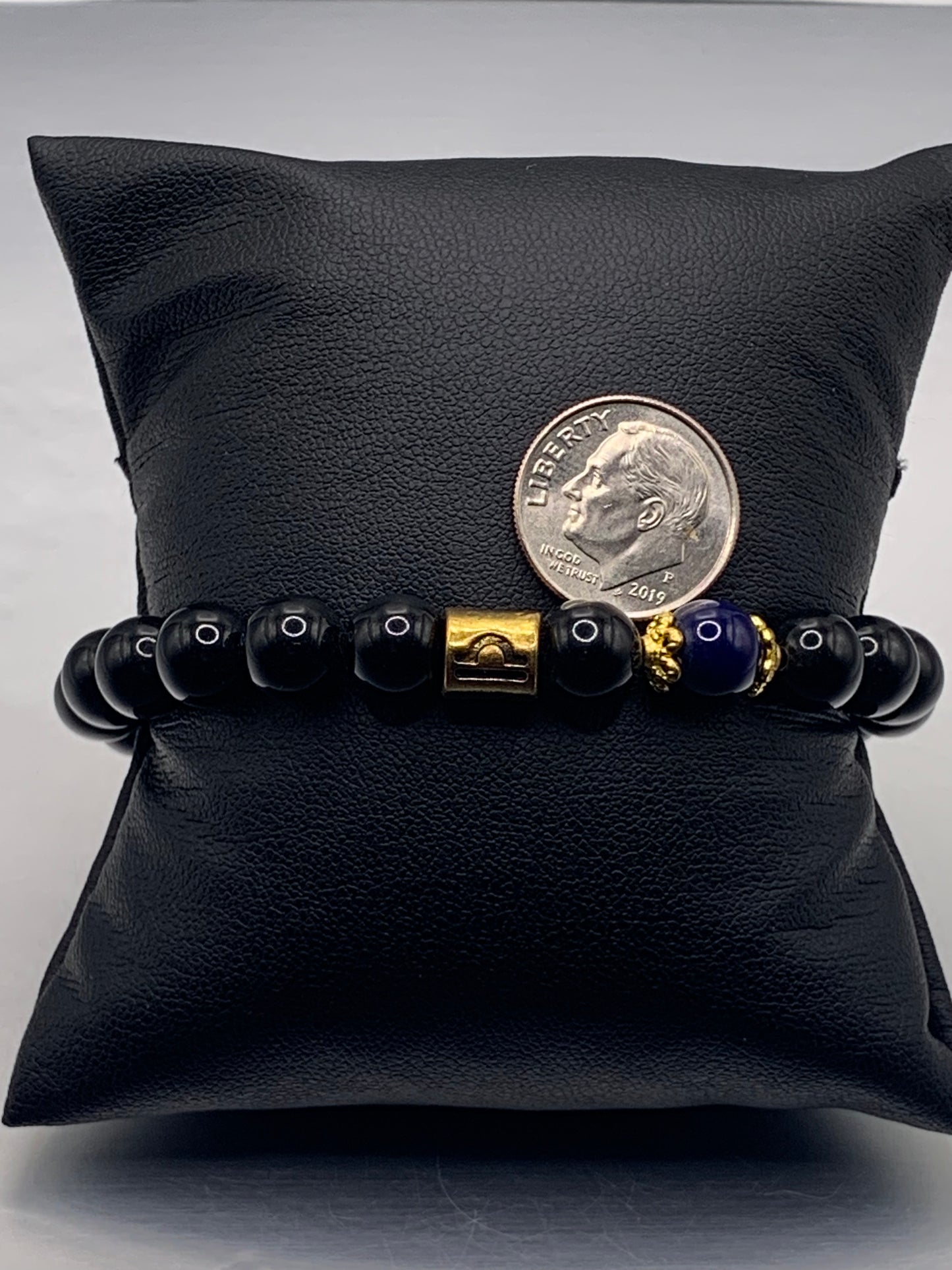 Libra Zodiac black obsidian with blue lace agate elastic beaded bracelet with gold accents