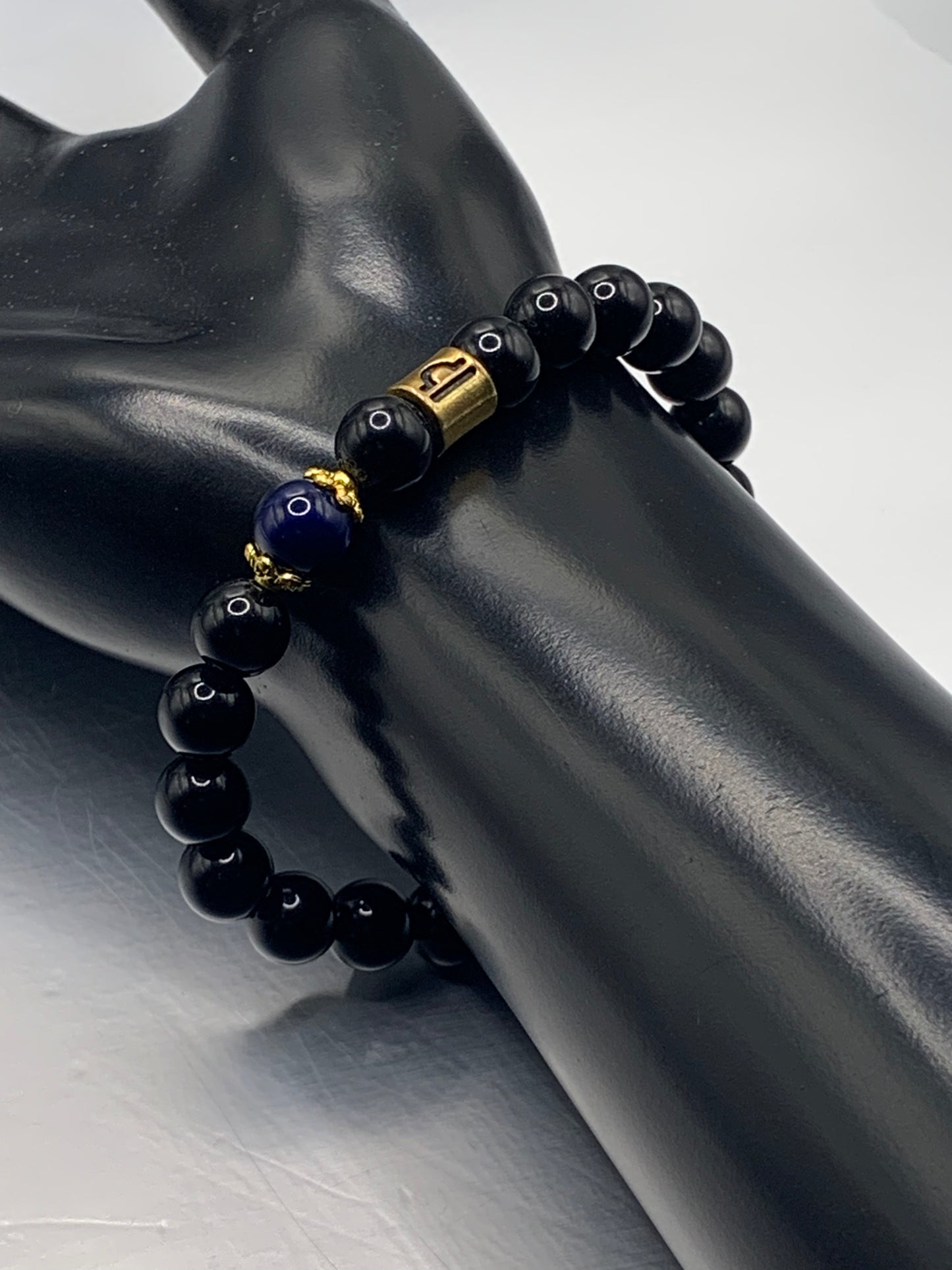 Libra Zodiac black obsidian with blue lace agate elastic beaded bracelet with gold accents