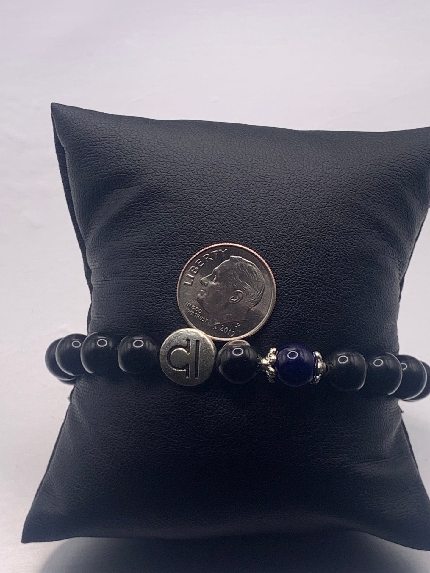 Libra Zodiac black obsidian with blue lace agate elastic beaded bracelet with silver accents