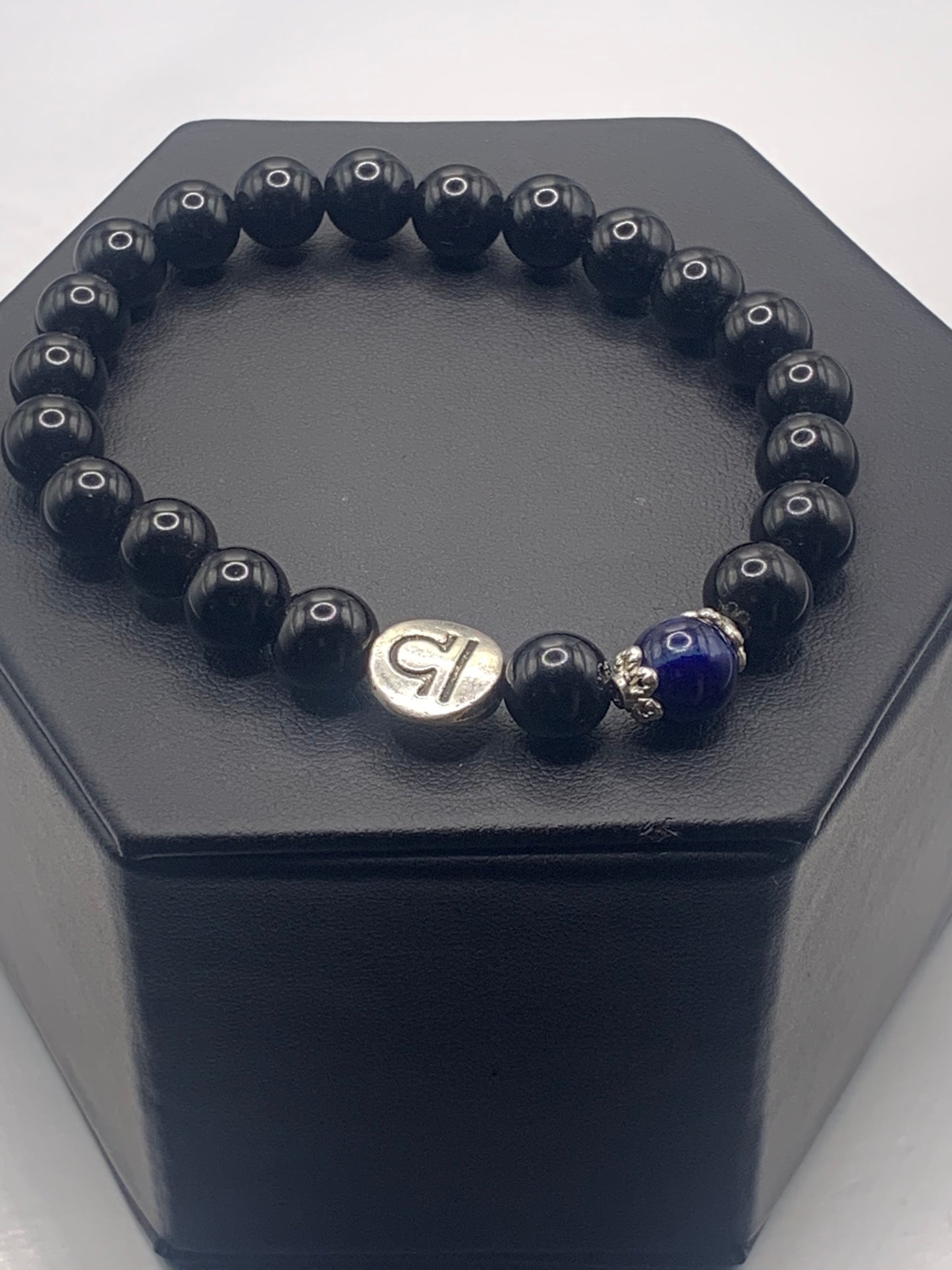 Libra Zodiac black obsidian with blue lace agate elastic beaded bracelet with silver accents