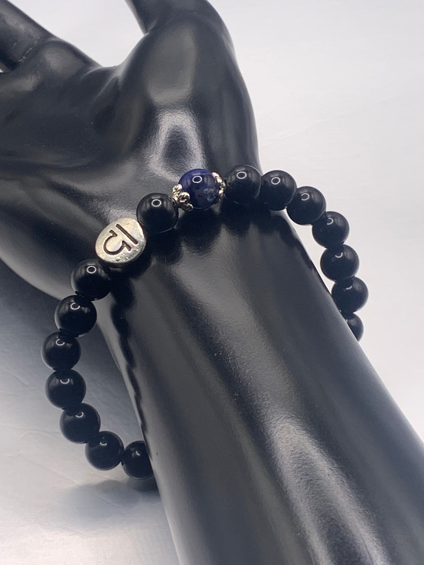 Libra Zodiac black obsidian with blue lace agate elastic beaded bracelet with silver accents
