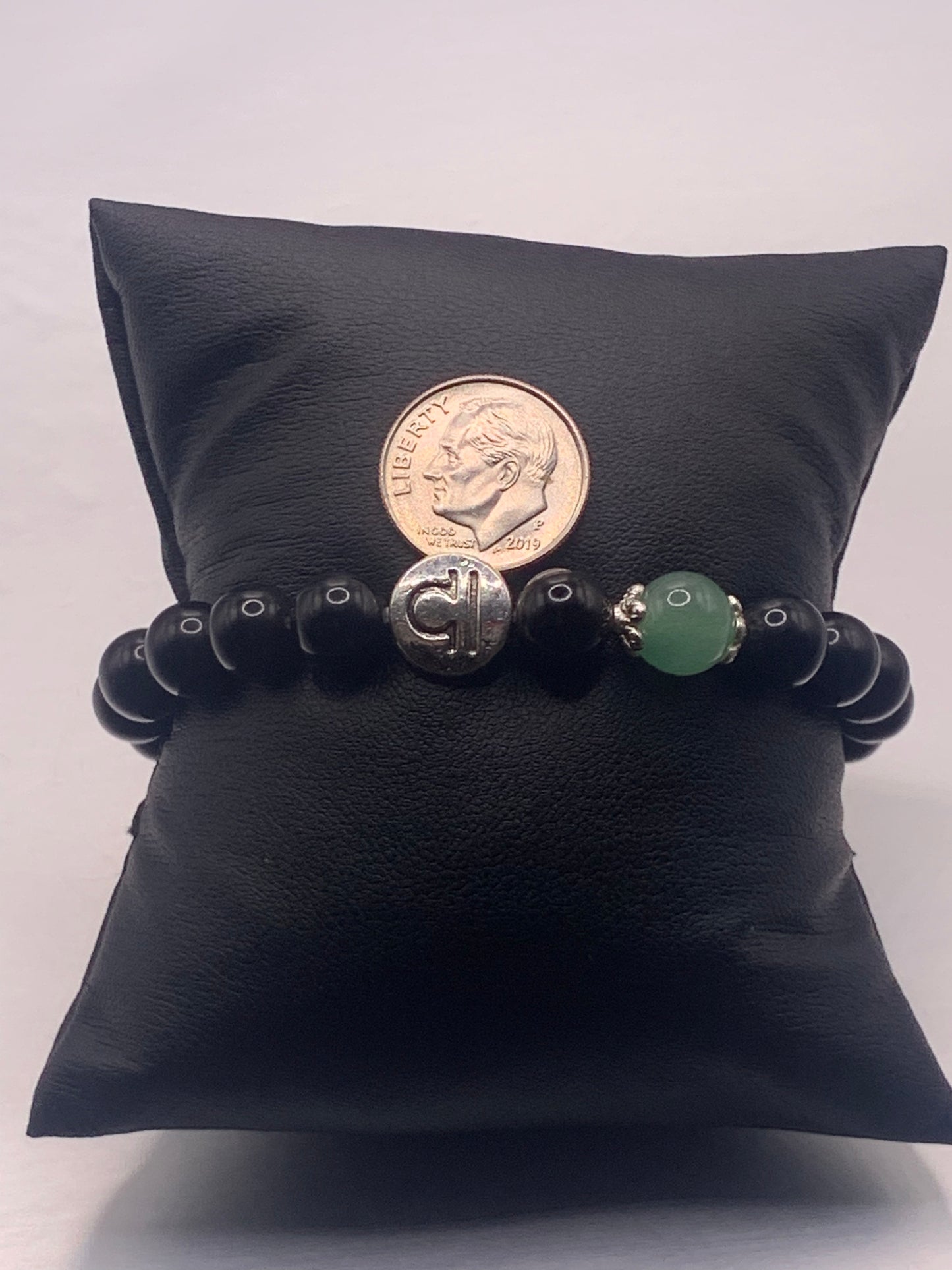 Libra Zodiac black obsidian with green aventurine elastic beaded bracelet with silver accents