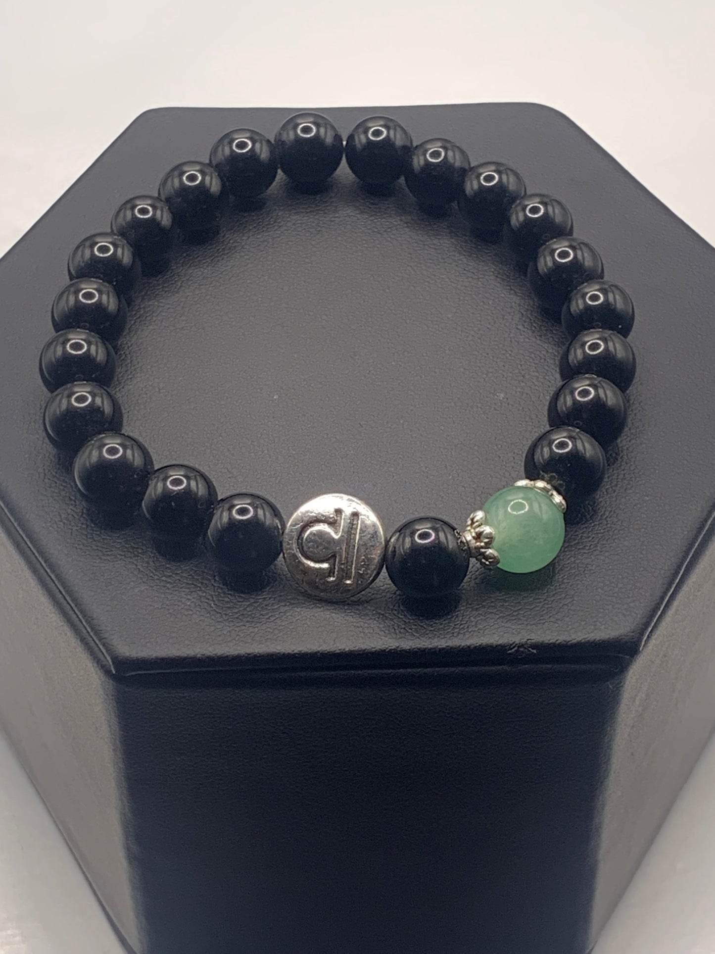 Libra Zodiac black obsidian with green aventurine elastic beaded bracelet with silver accents
