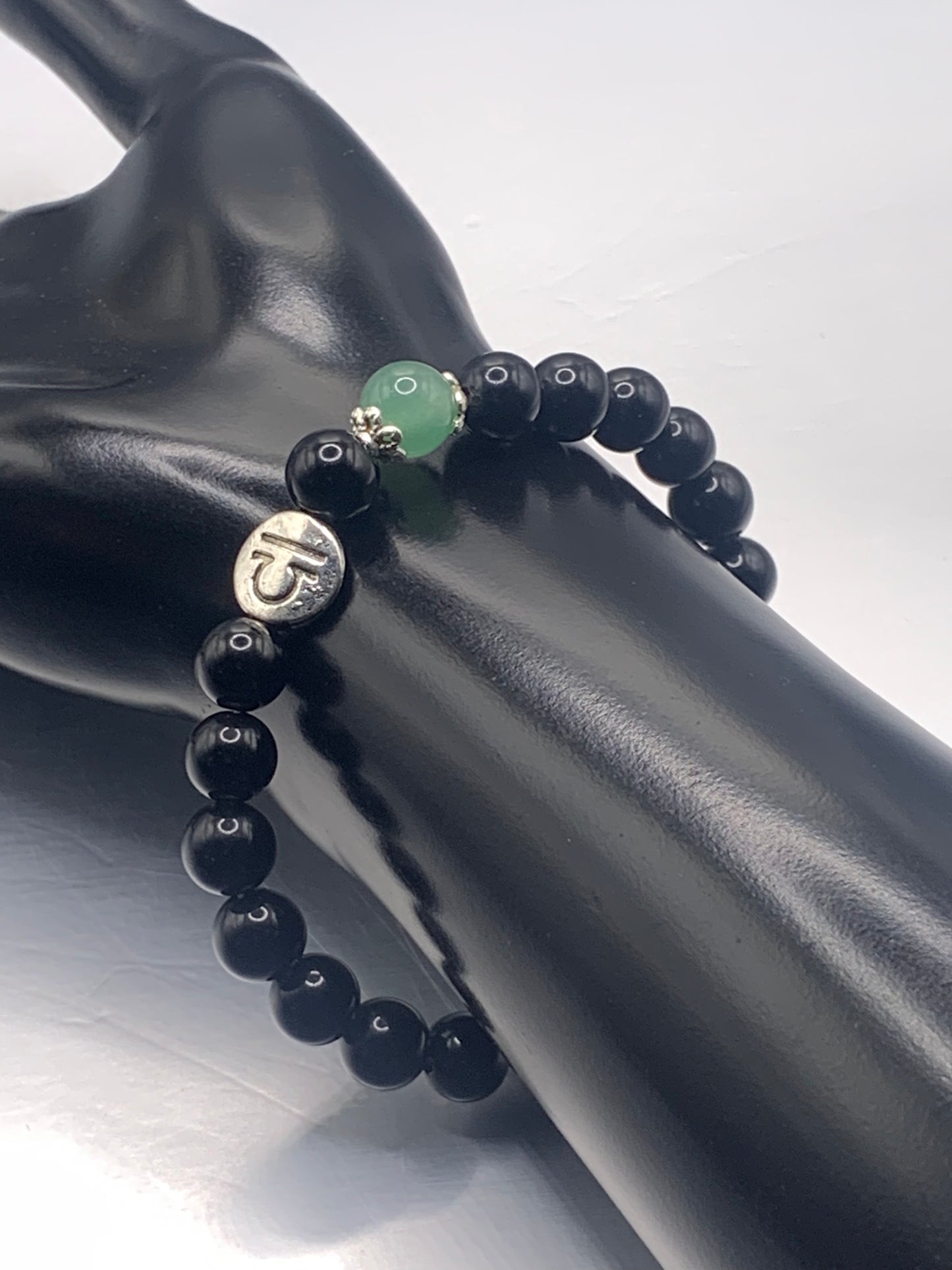 Libra Zodiac black obsidian with green aventurine elastic beaded bracelet with silver accents