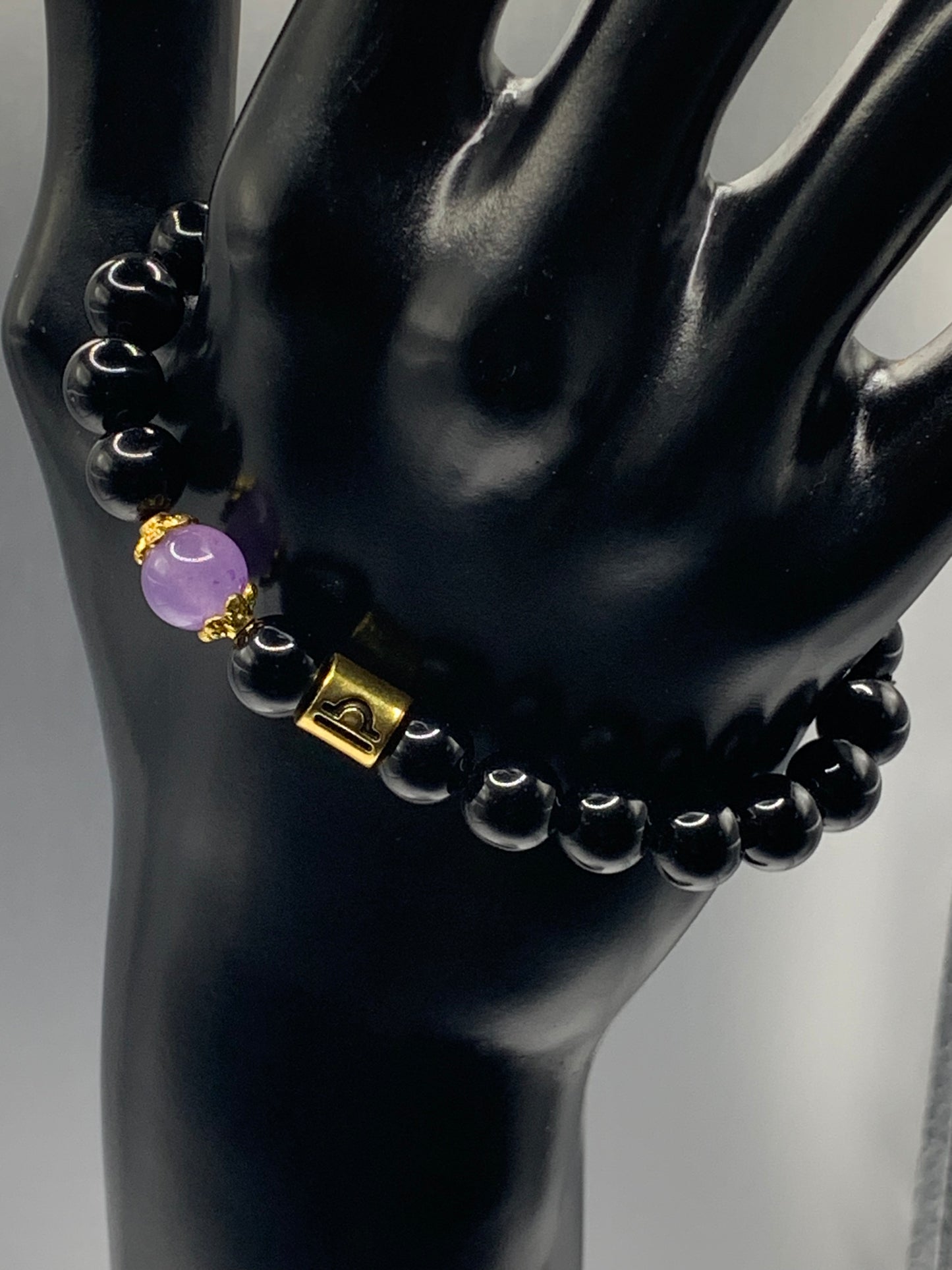Libra Zodiac black obsidian with lavender agate elastic beaded bracelet with gold accents