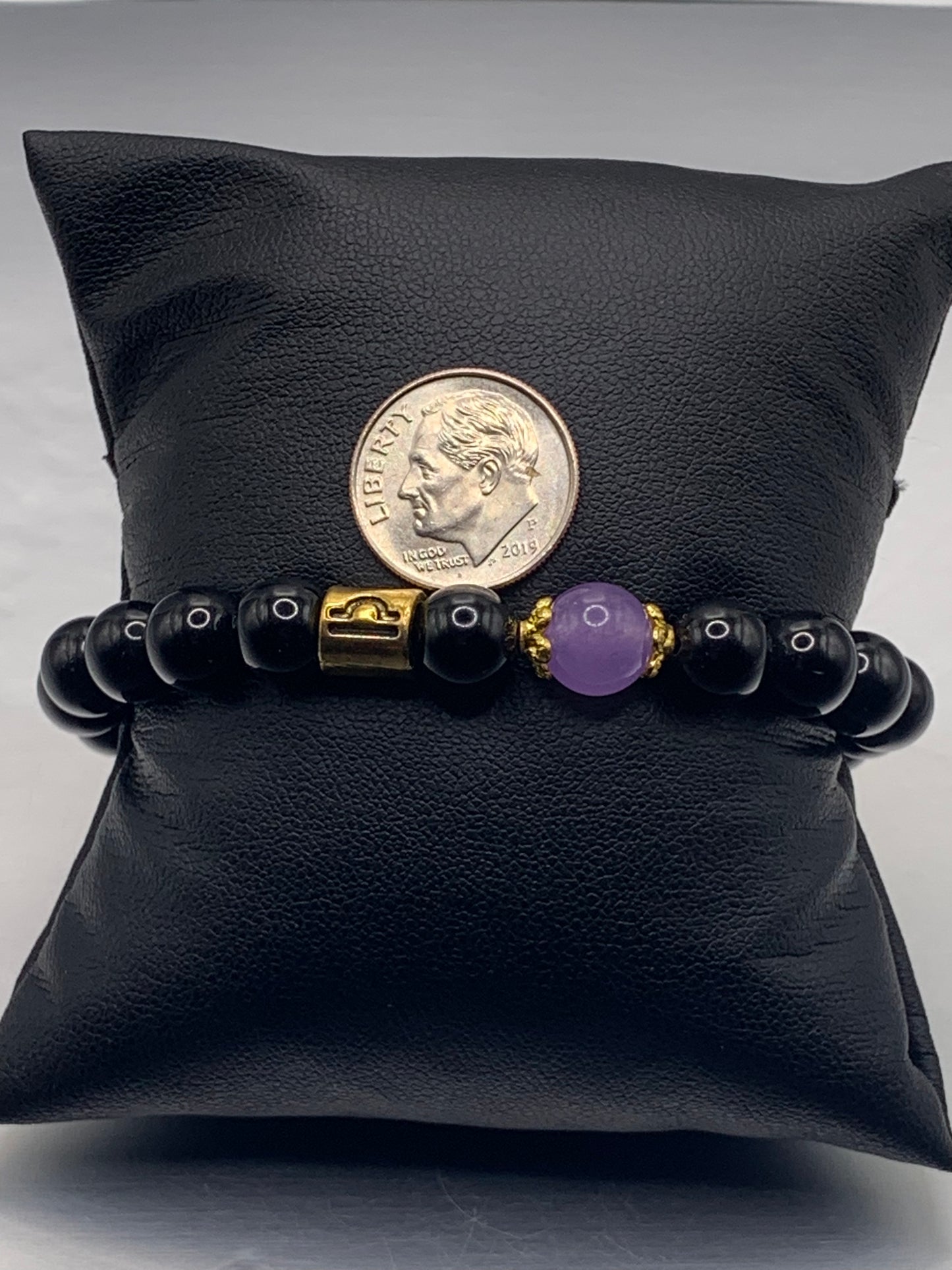 Libra Zodiac black obsidian with lavender agate elastic beaded bracelet with gold accents