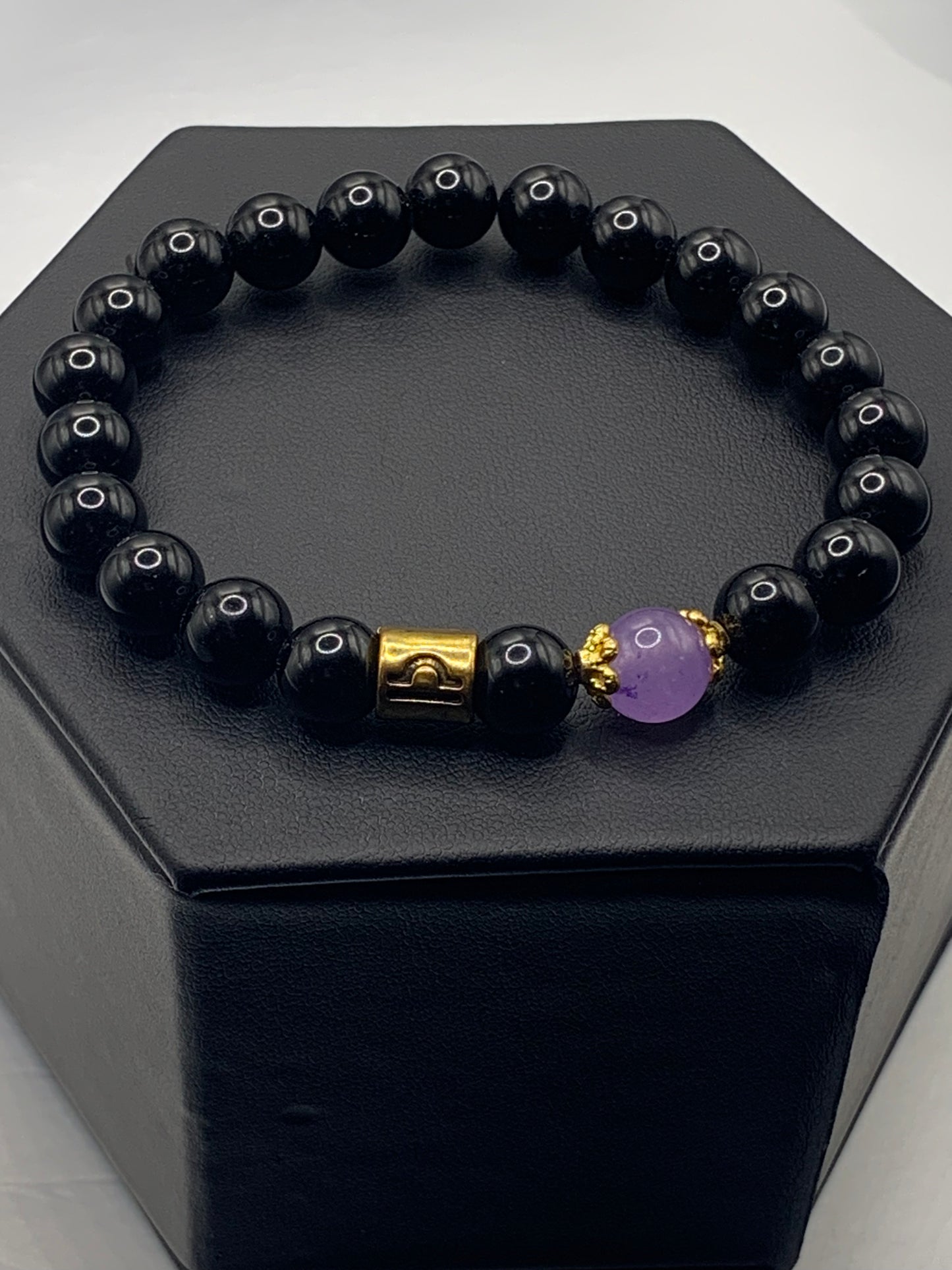 Libra Zodiac black obsidian with lavender agate elastic beaded bracelet with gold accents
