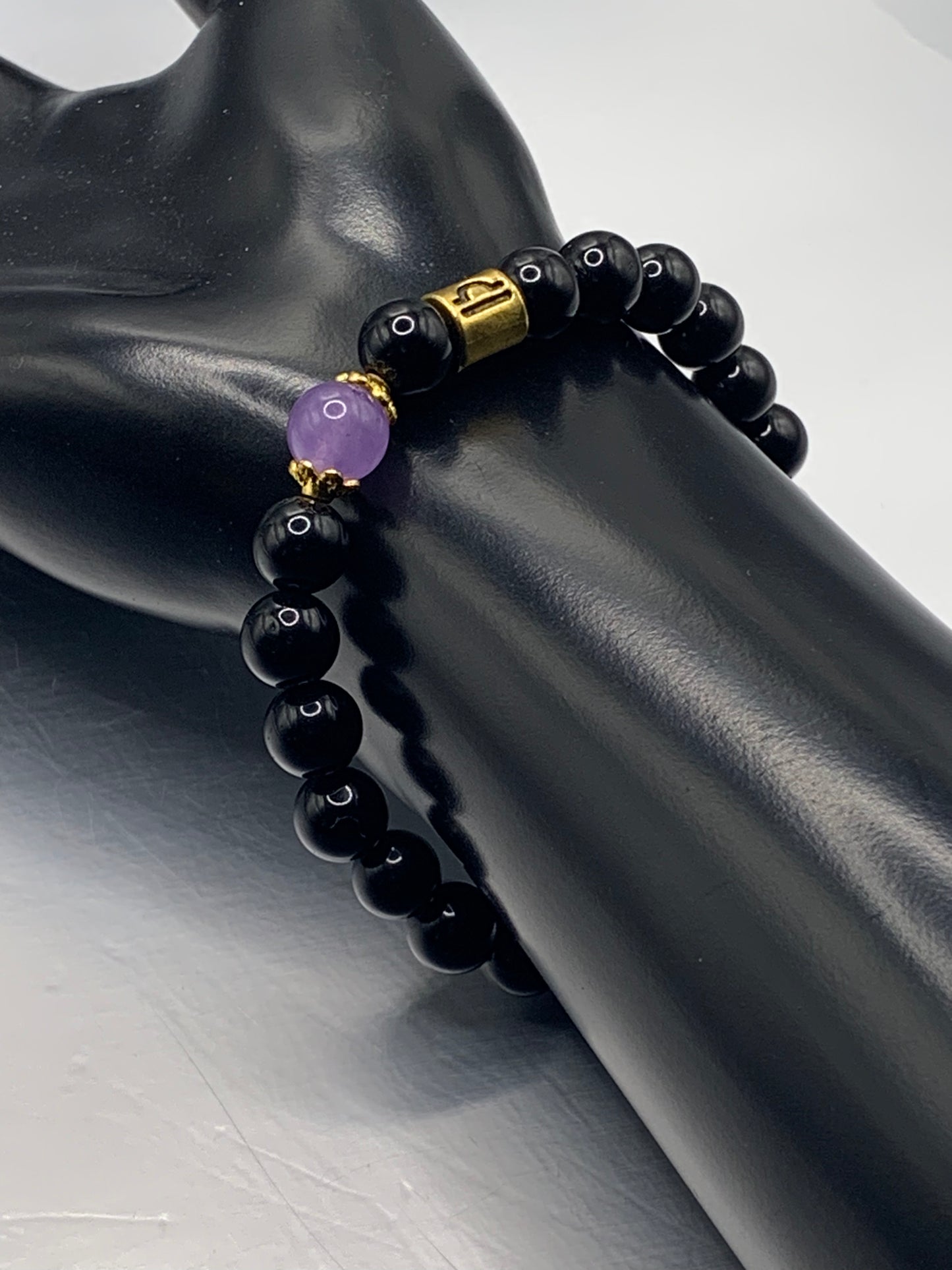 Libra Zodiac black obsidian with lavender agate elastic beaded bracelet with gold accents