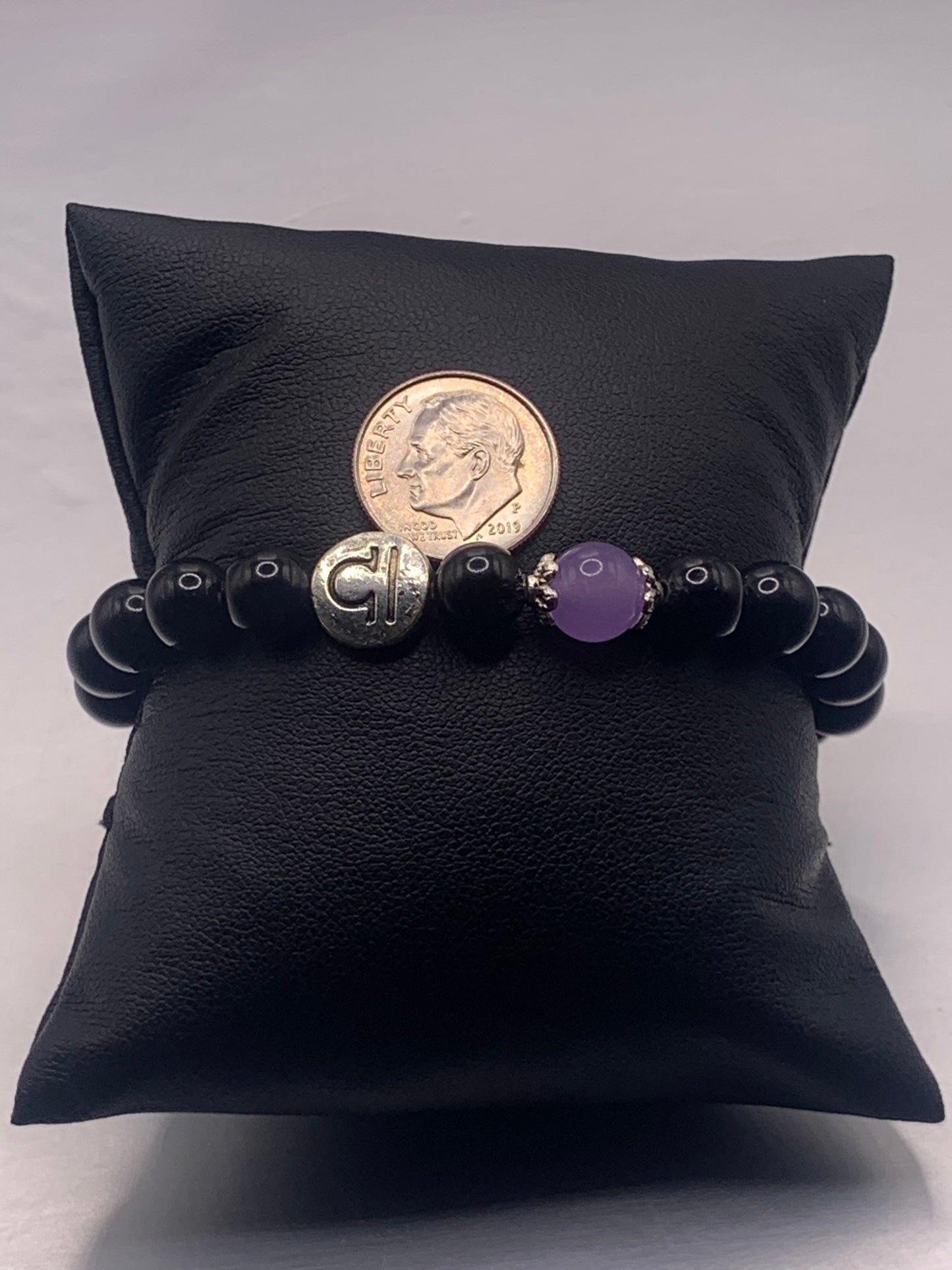 Libra Zodiac black obsidian with lavender agate elastic beaded bracelet with silver accents