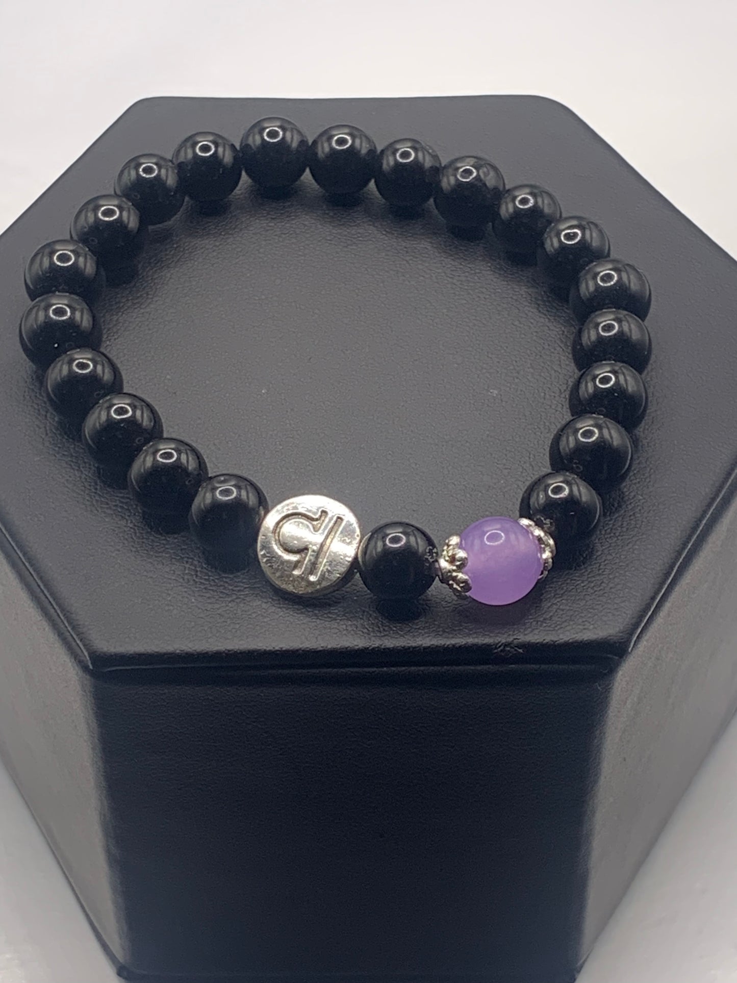 Libra Zodiac black obsidian with lavender agate elastic beaded bracelet with silver accents