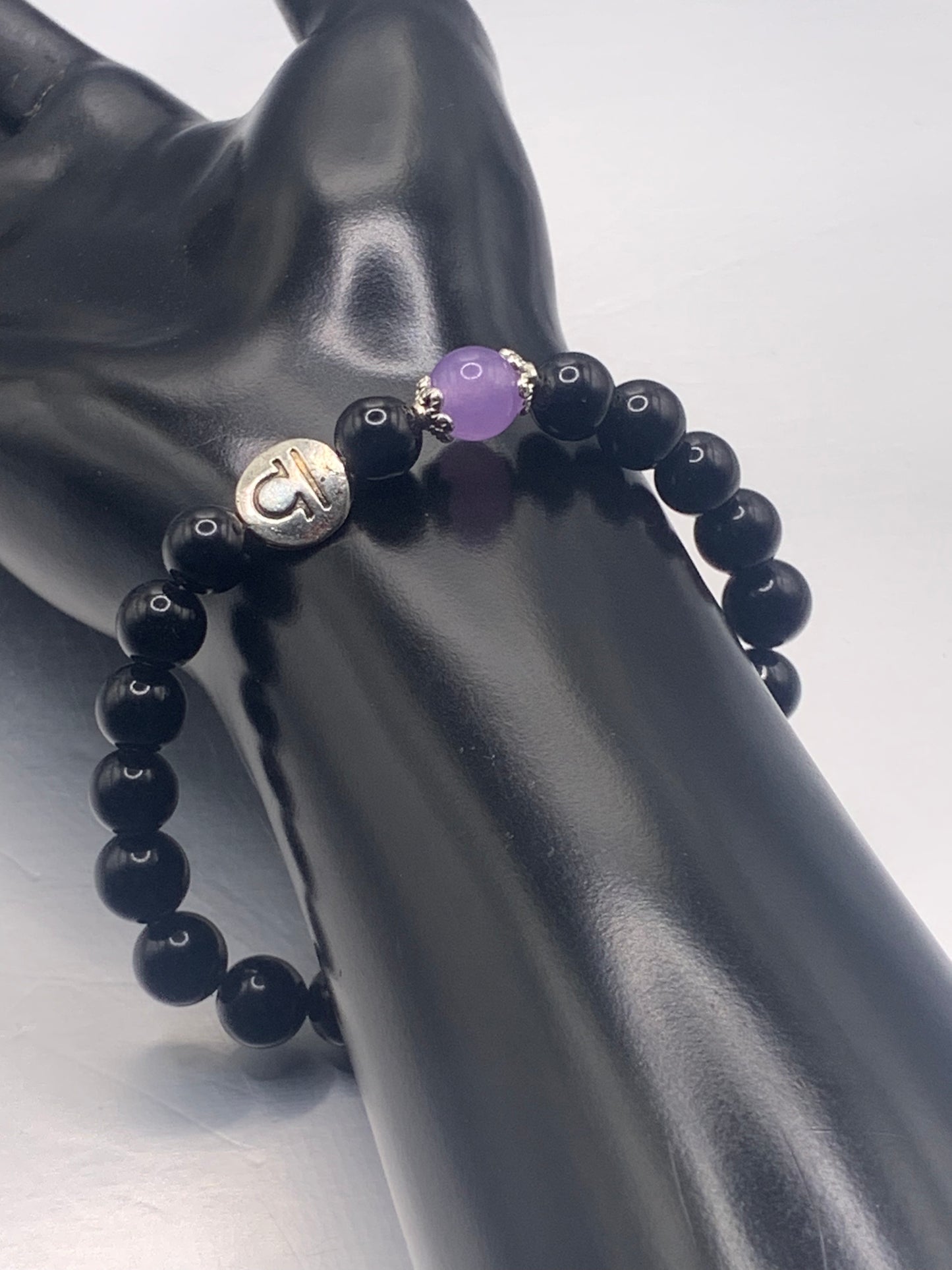 Libra Zodiac black obsidian with lavender agate elastic beaded bracelet with silver accents
