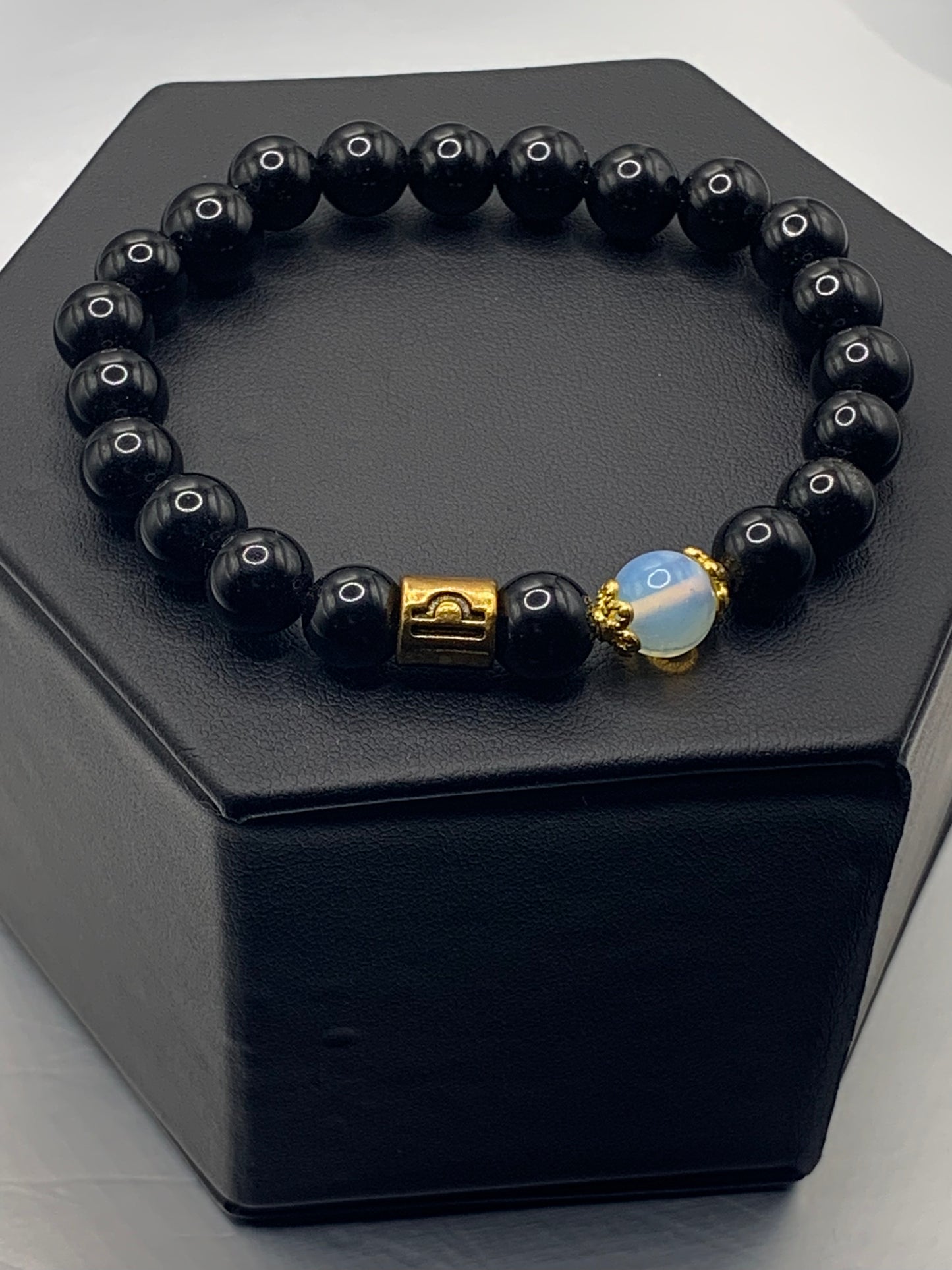 Libra (September 23 - October 22) Zodiac black obsidian with opalite elastic beaded bracelet with gold accents