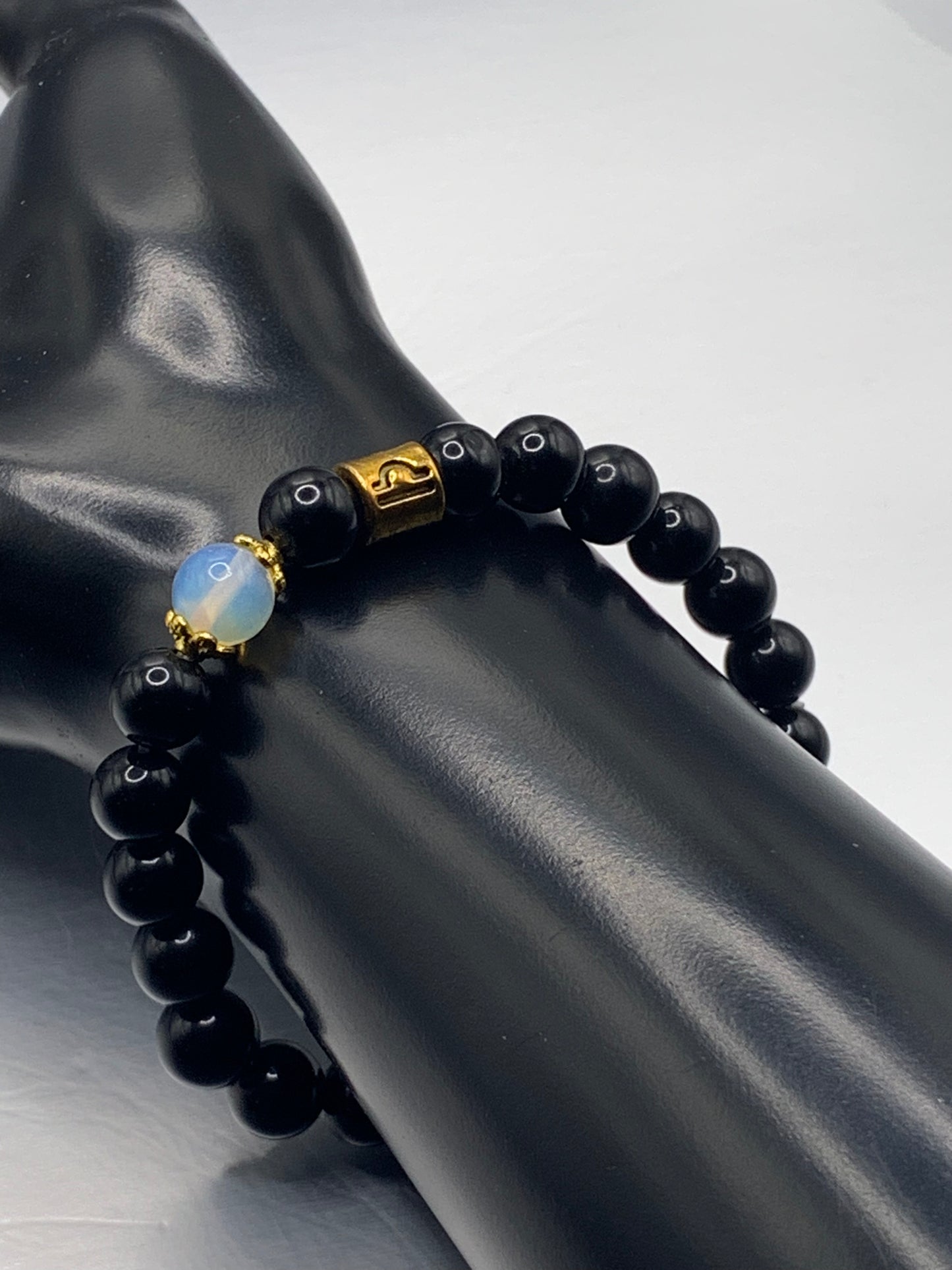 Libra (September 23 - October 22) Zodiac black obsidian with opalite elastic beaded bracelet with gold accents