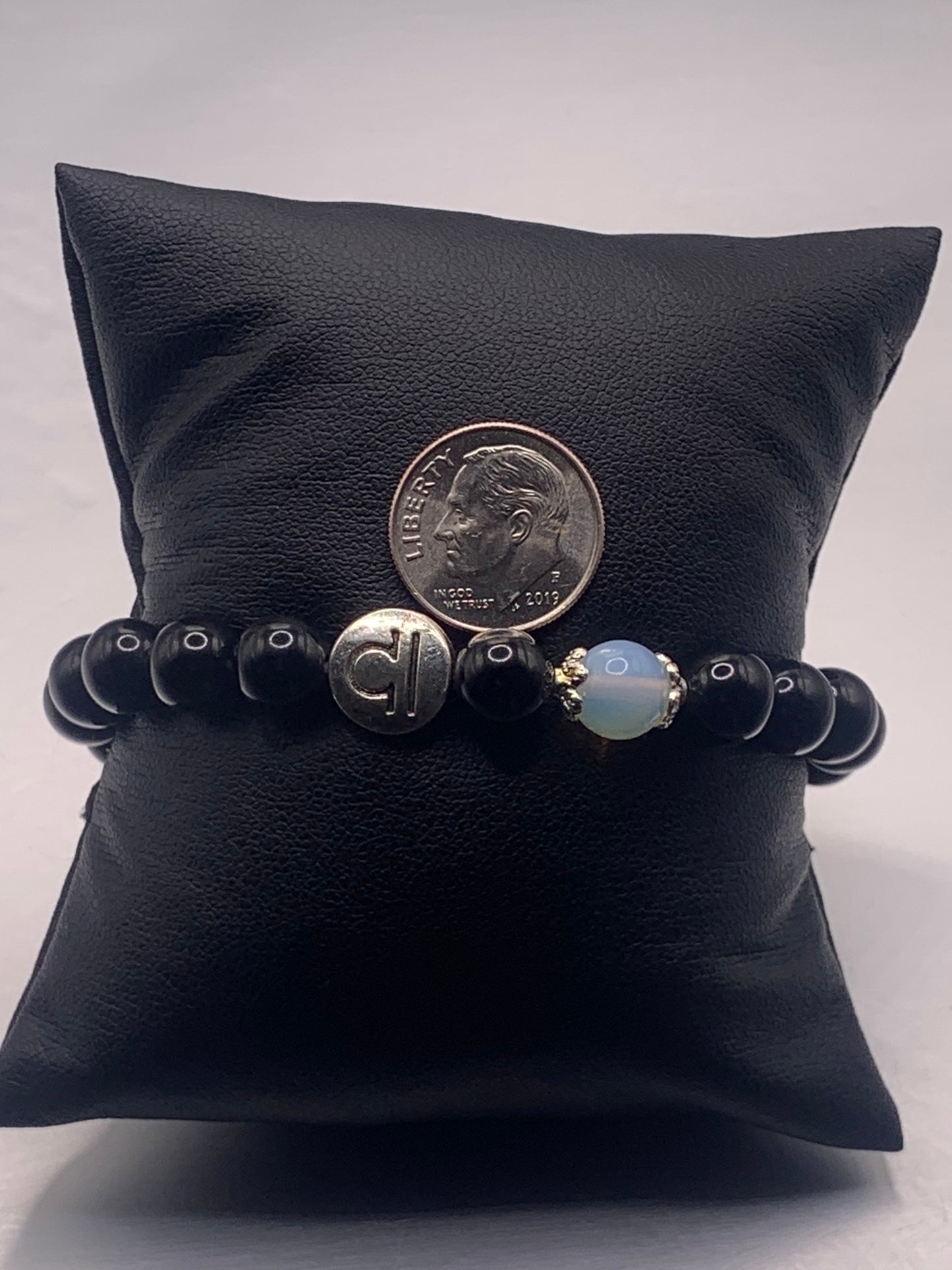 Libra Zodiac black obsidian with opalite elastic beaded bracelet with silver accents