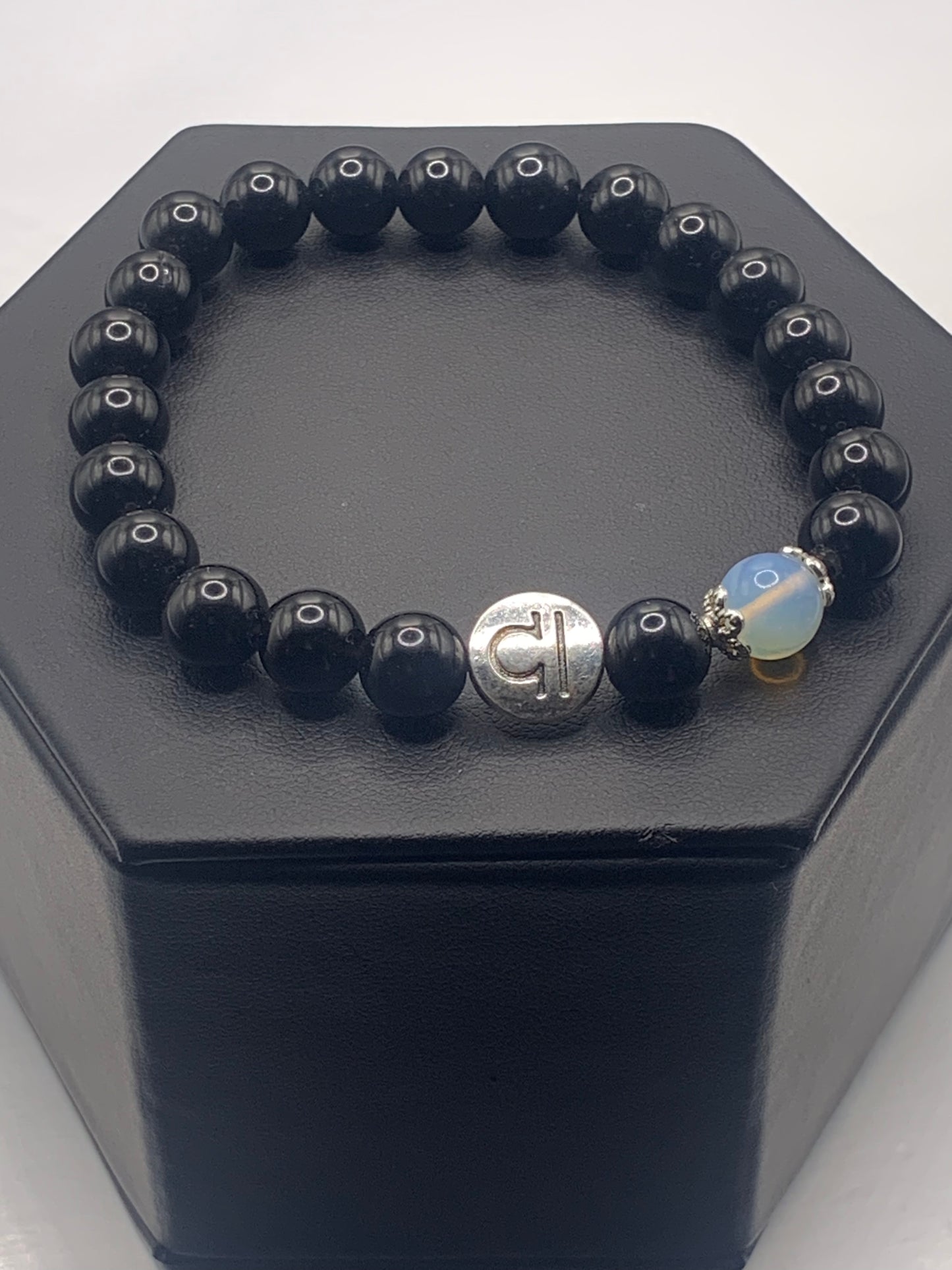 Libra Zodiac black obsidian with opalite elastic beaded bracelet with silver accents