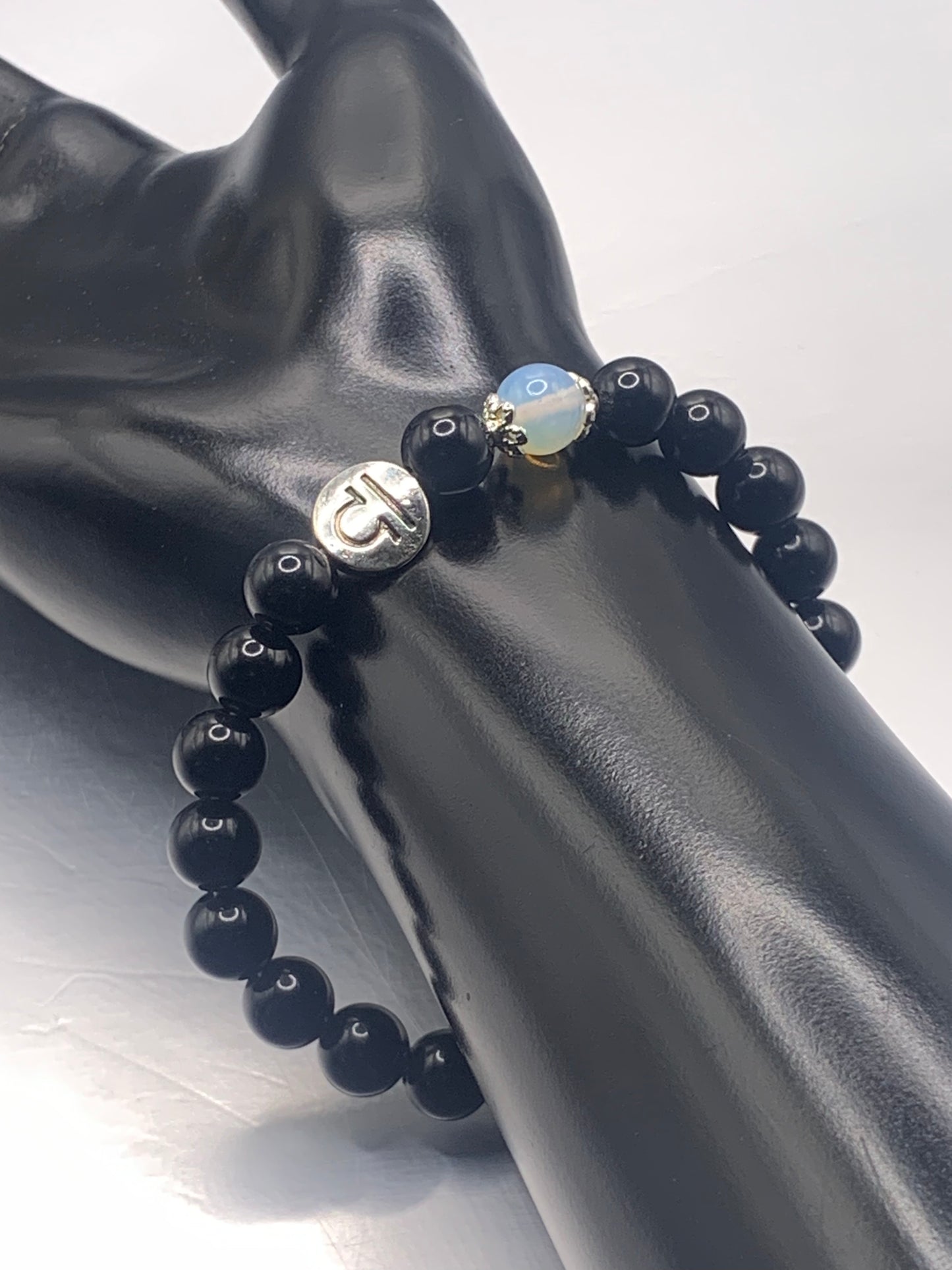 Libra Zodiac black obsidian with opalite elastic beaded bracelet with silver accents