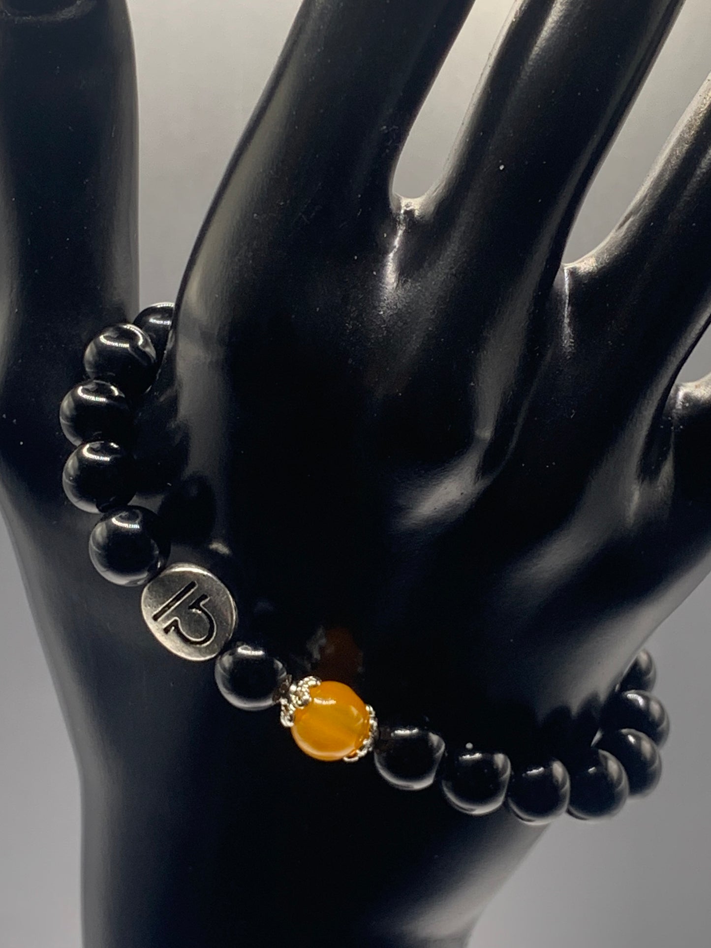 Libra Zodiac black obsidian with orange agate elastic beaded bracelet with silver accents